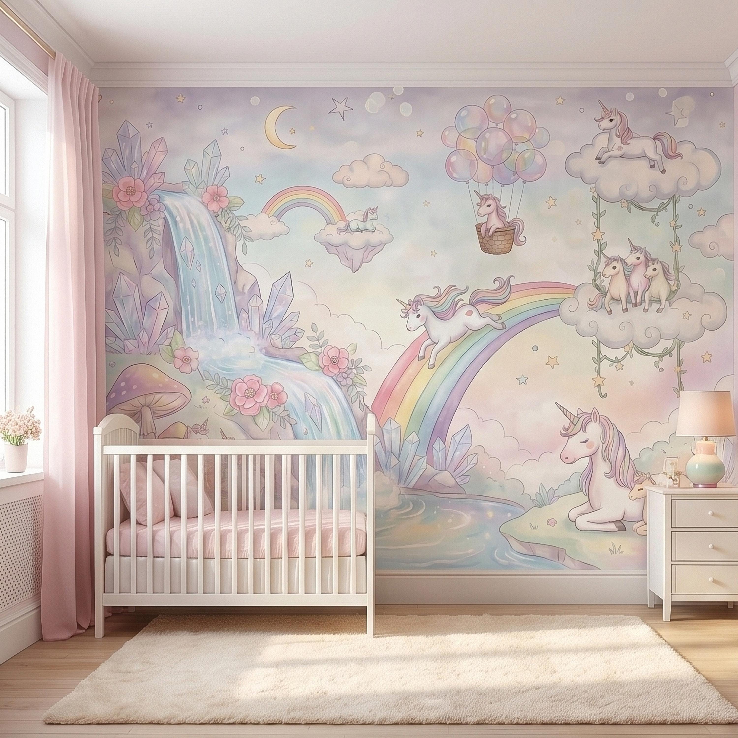 Pastel Unicorn Rainbow Peel and Stick Wall Mural, Moon Clouds Stars and Balloons, Watercolor Waterfall Fantasy Whimsical Kids Art Wallpaper