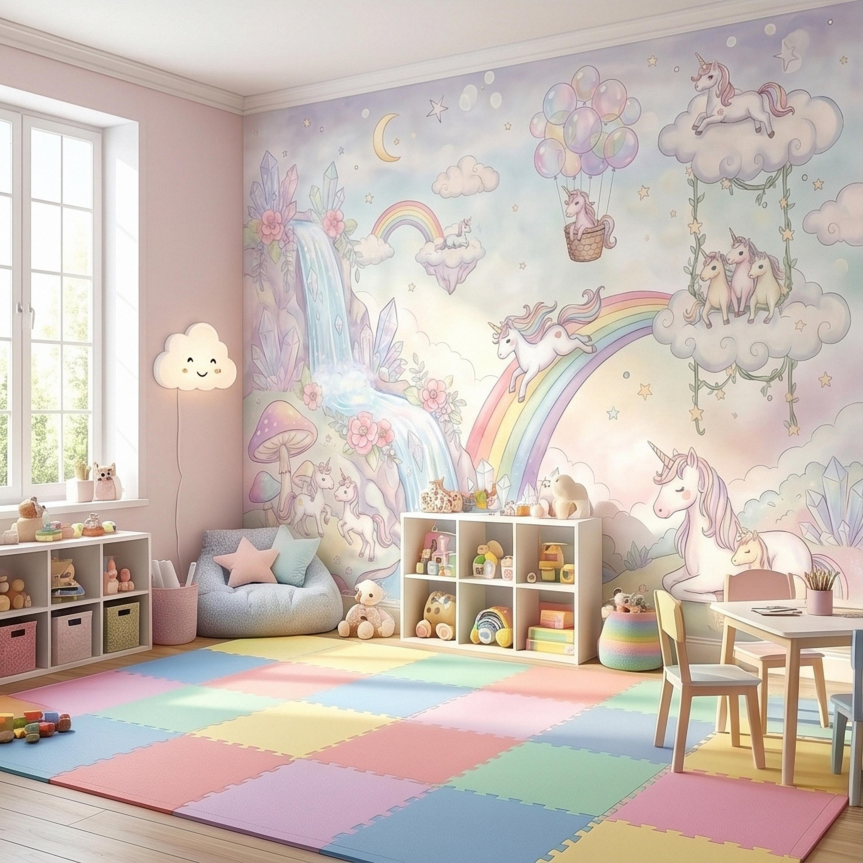 Pastel Unicorn Rainbow Peel and Stick Wall Mural, Moon Clouds Stars and Balloons, Watercolor Waterfall Fantasy Whimsical Kids Art Wallpaper