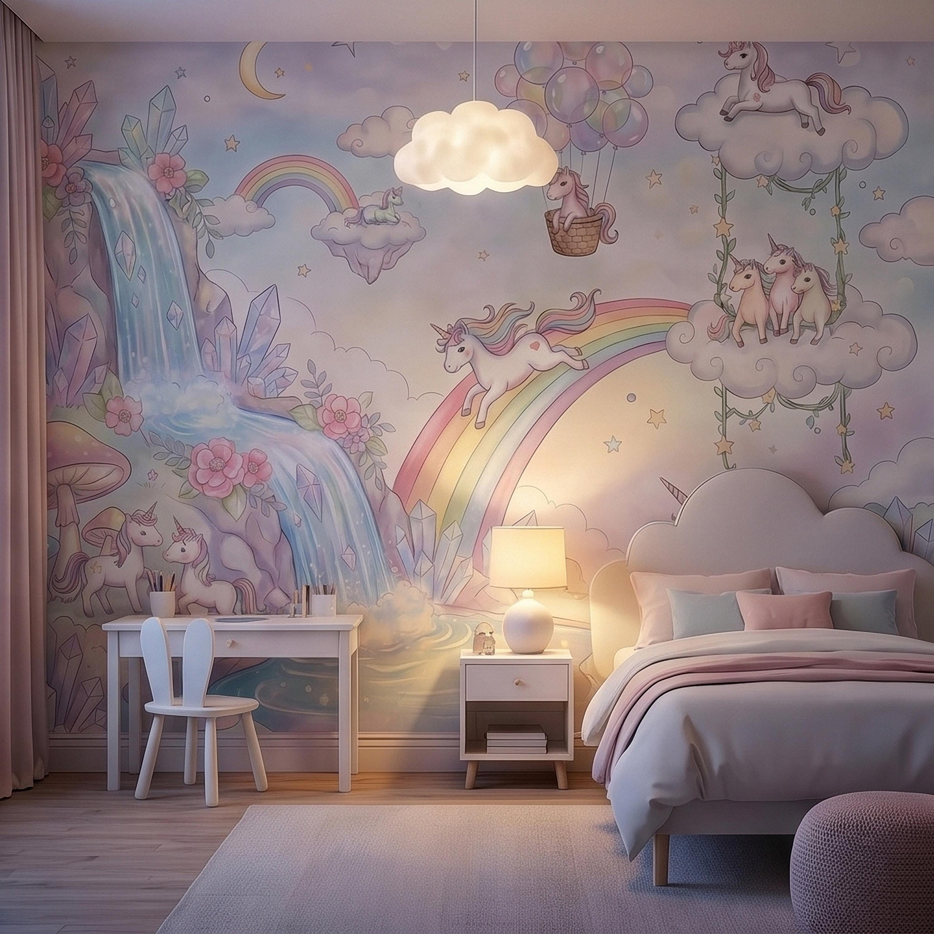 Pastel Unicorn Rainbow Peel and Stick Wall Mural, Moon Clouds Stars and Balloons, Watercolor Waterfall Fantasy Whimsical Kids Art Wallpaper