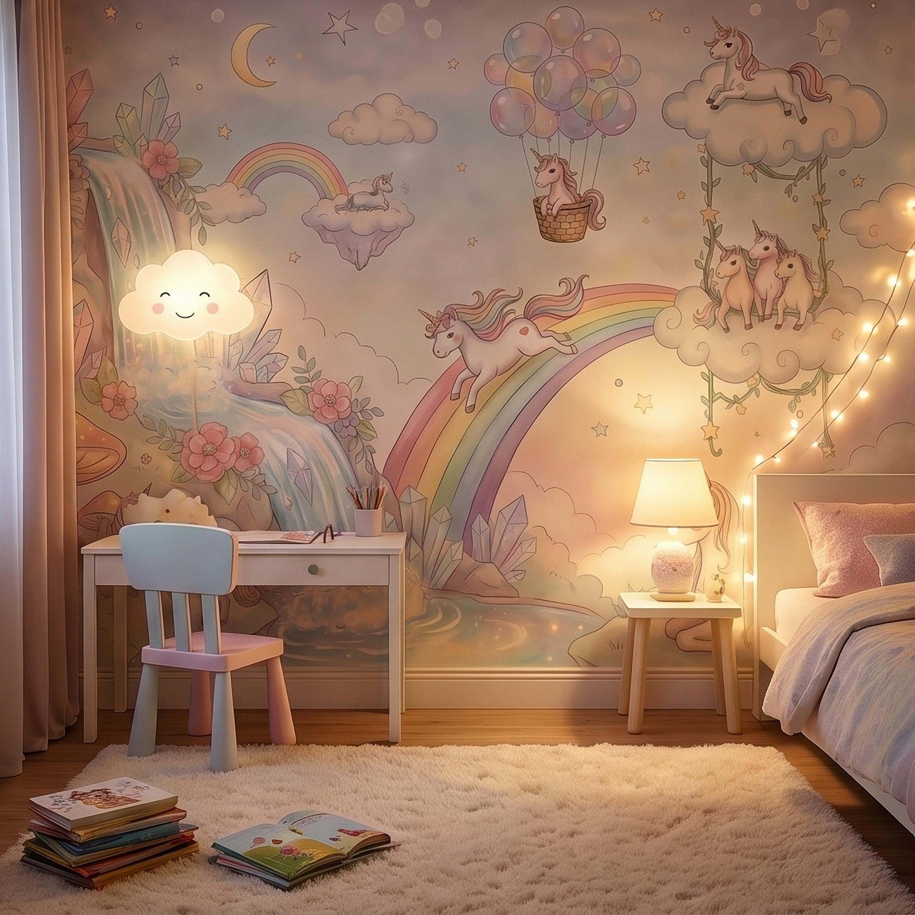 Pastel Unicorn Rainbow Peel and Stick Wall Mural, Moon Clouds Stars and Balloons, Watercolor Waterfall Fantasy Whimsical Kids Art Wallpaper