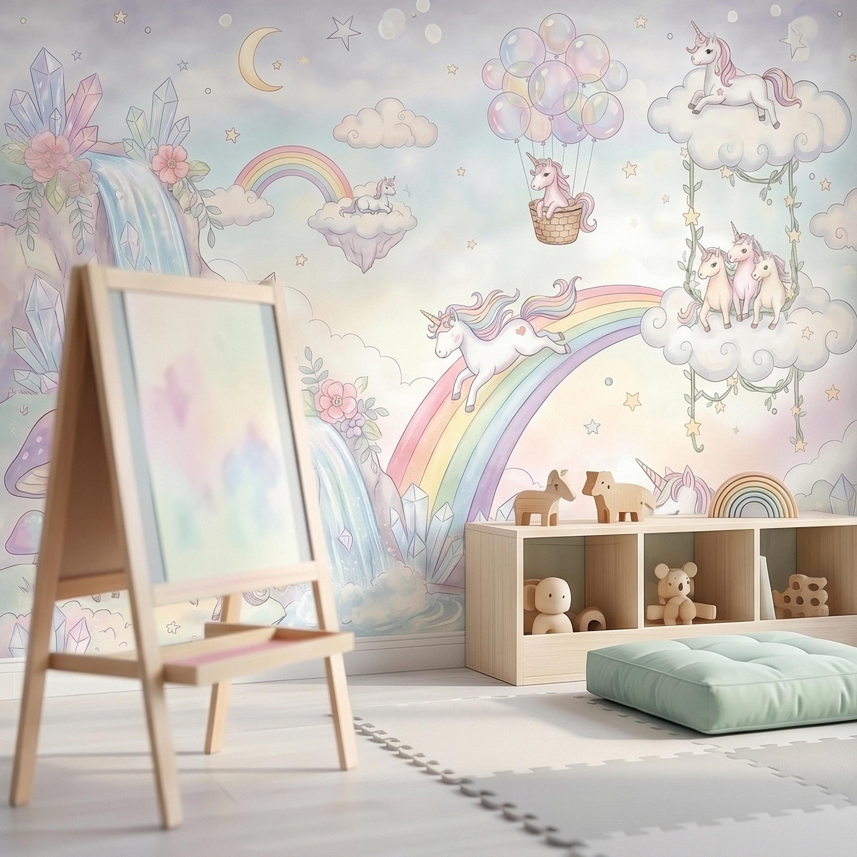 Pastel Unicorn Rainbow Peel and Stick Wall Mural, Moon Clouds Stars and Balloons, Watercolor Waterfall Fantasy Whimsical Kids Art Wallpaper