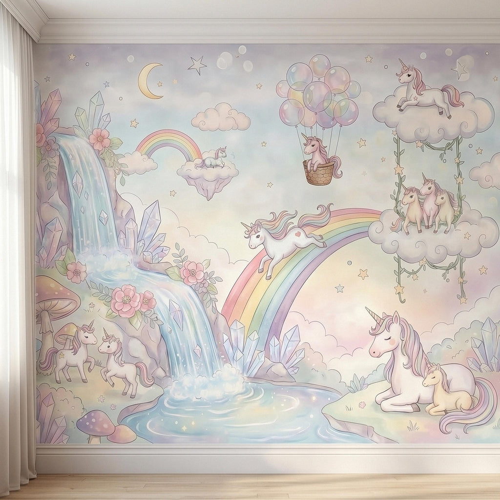 Pastel Unicorn Rainbow Peel and Stick Wall Mural, Moon Clouds Stars and Balloons, Watercolor Waterfall Fantasy Whimsical Kids Art Wallpaper