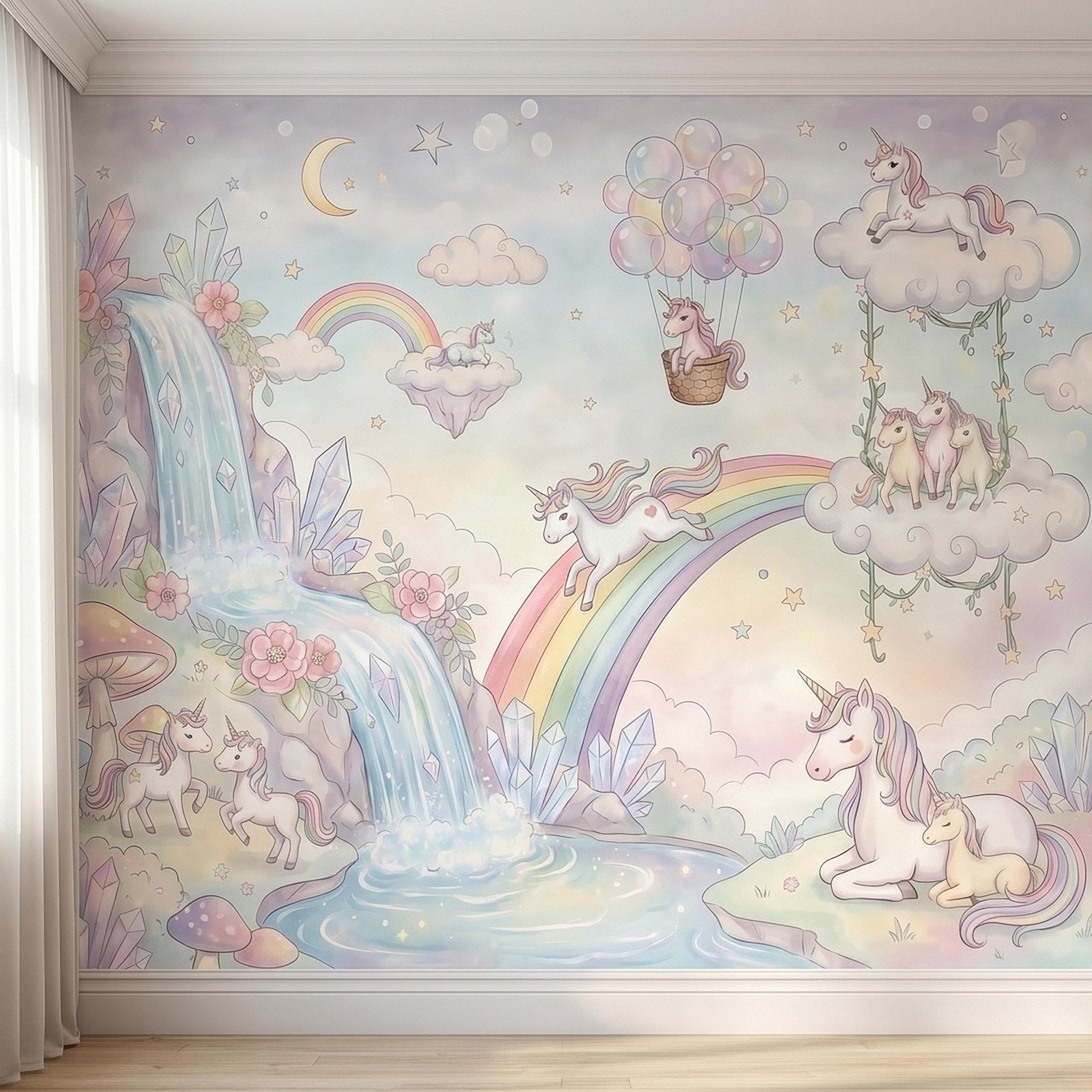 Pastel Unicorn Rainbow Peel and Stick Wall Mural, Moon Clouds Stars and Balloons, Watercolor Waterfall Fantasy Whimsical Kids Art Wallpaper