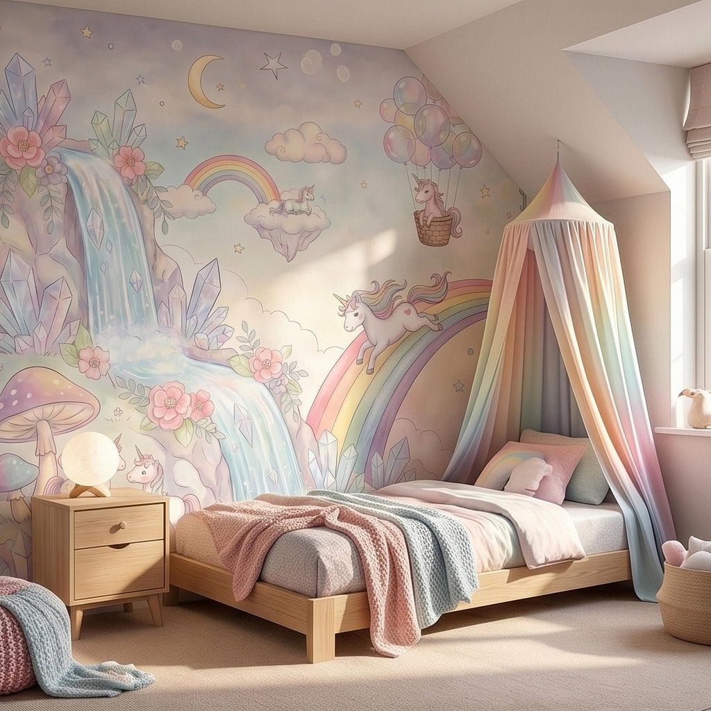 Pastel Unicorn Rainbow Peel and Stick Wall Mural, Moon Clouds Stars and Balloons, Watercolor Waterfall Fantasy Whimsical Kids Art Wallpaper
