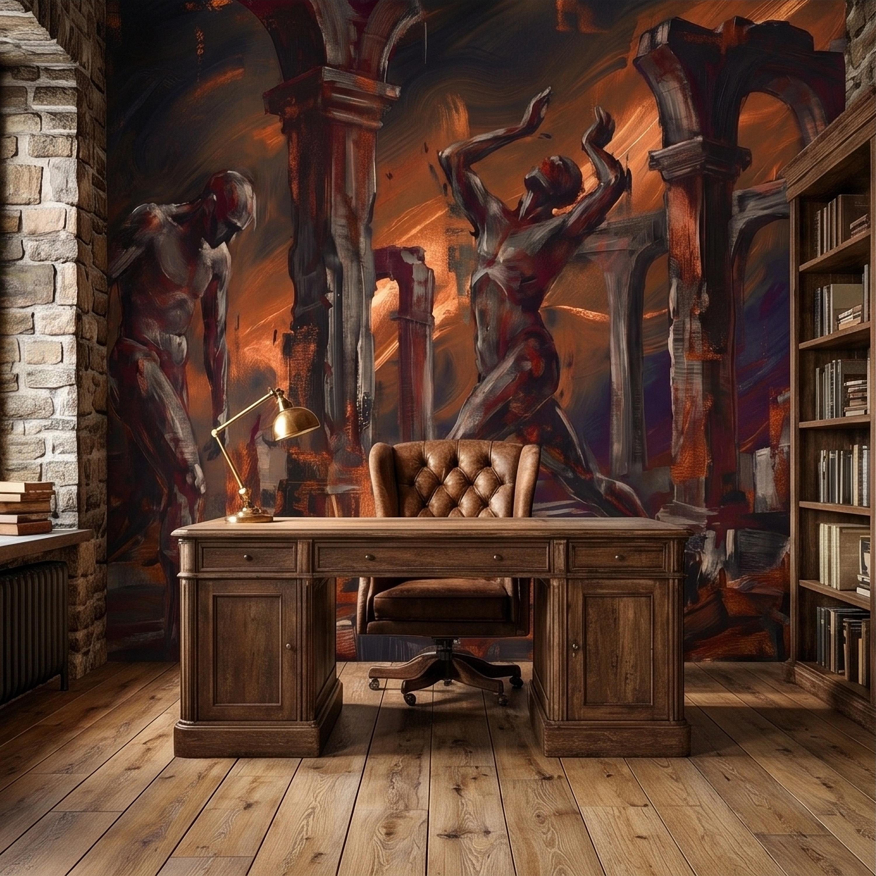 Abstract Figure Archways Peel and Stick Wall Mural, Modern Expressionist Painting in Copper and Charcoal Dramatic Contemporary Art Wallpaper