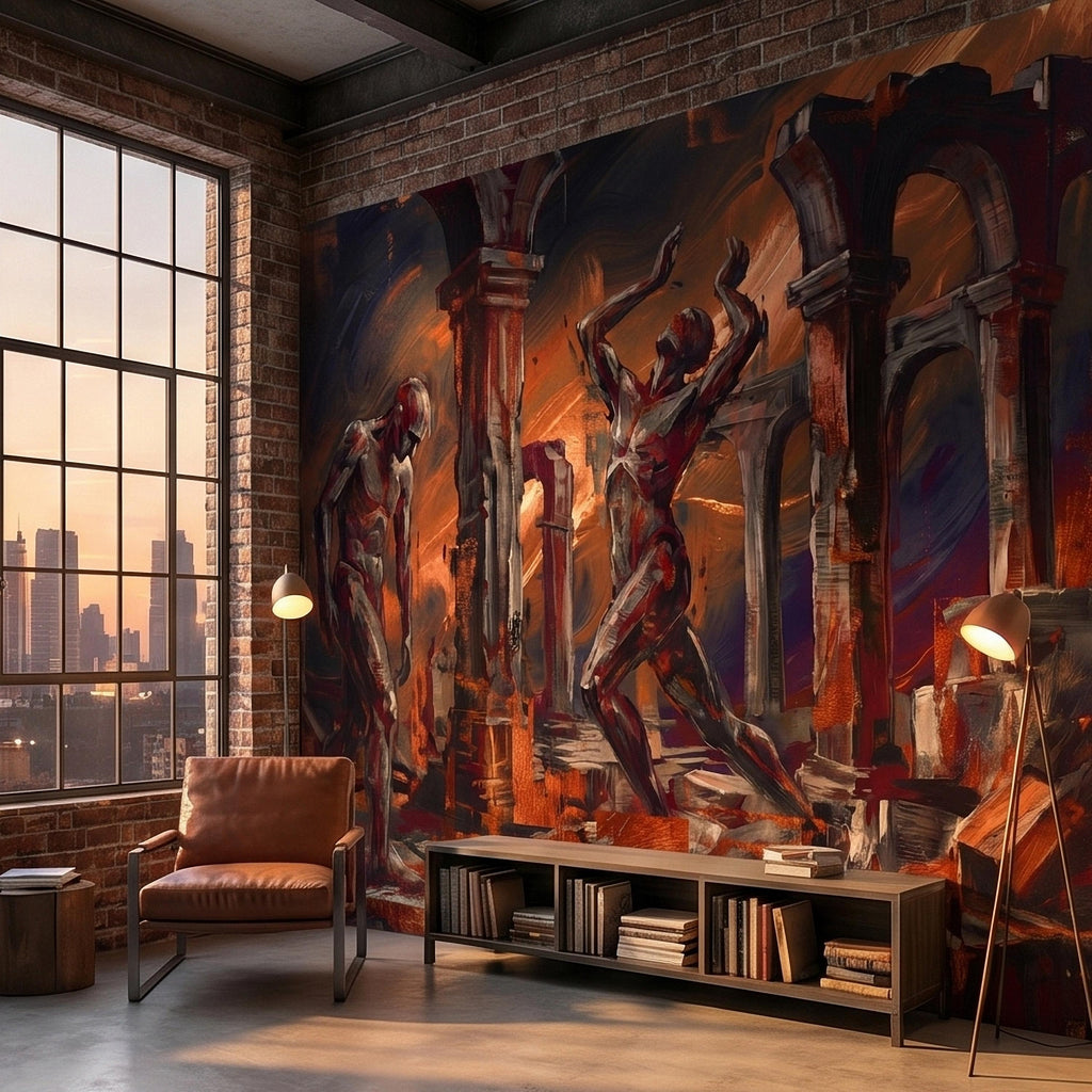 Abstract Figure Archways Peel and Stick Wall Mural, Modern Expressionist Painting in Copper and Charcoal Dramatic Contemporary Art Wallpaper