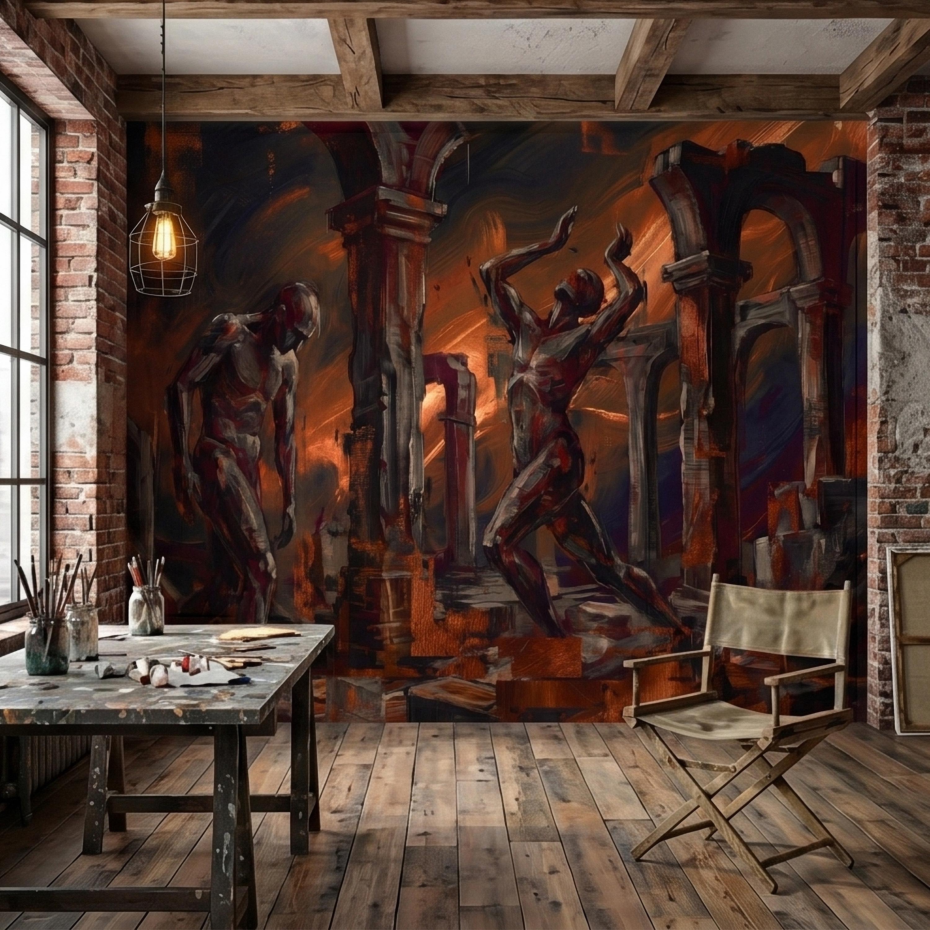 Abstract Figure Archways Peel and Stick Wall Mural, Modern Expressionist Painting in Copper and Charcoal Dramatic Contemporary Art Wallpaper
