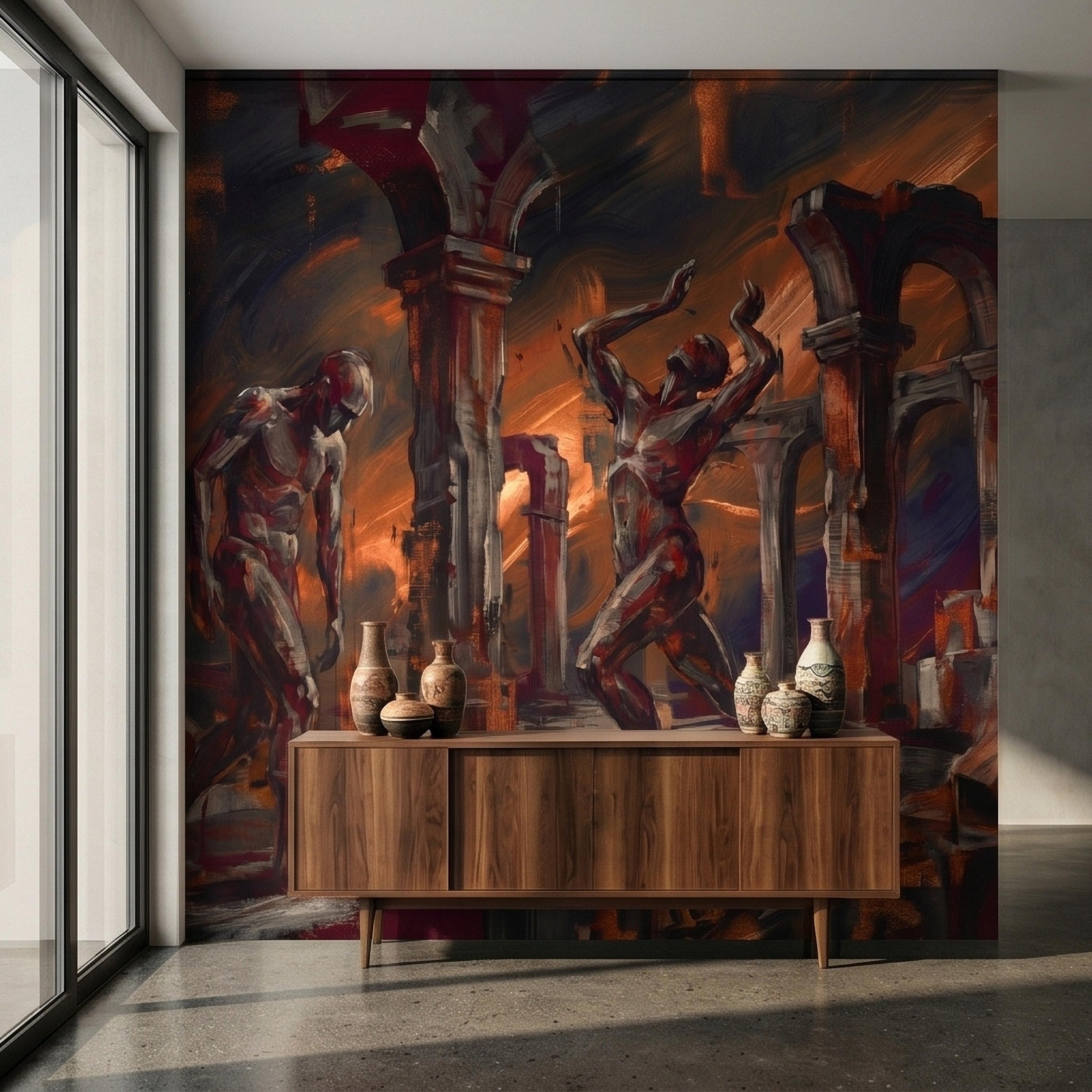 Abstract Figure Archways Peel and Stick Wall Mural, Modern Expressionist Painting in Copper and Charcoal Dramatic Contemporary Art Wallpaper