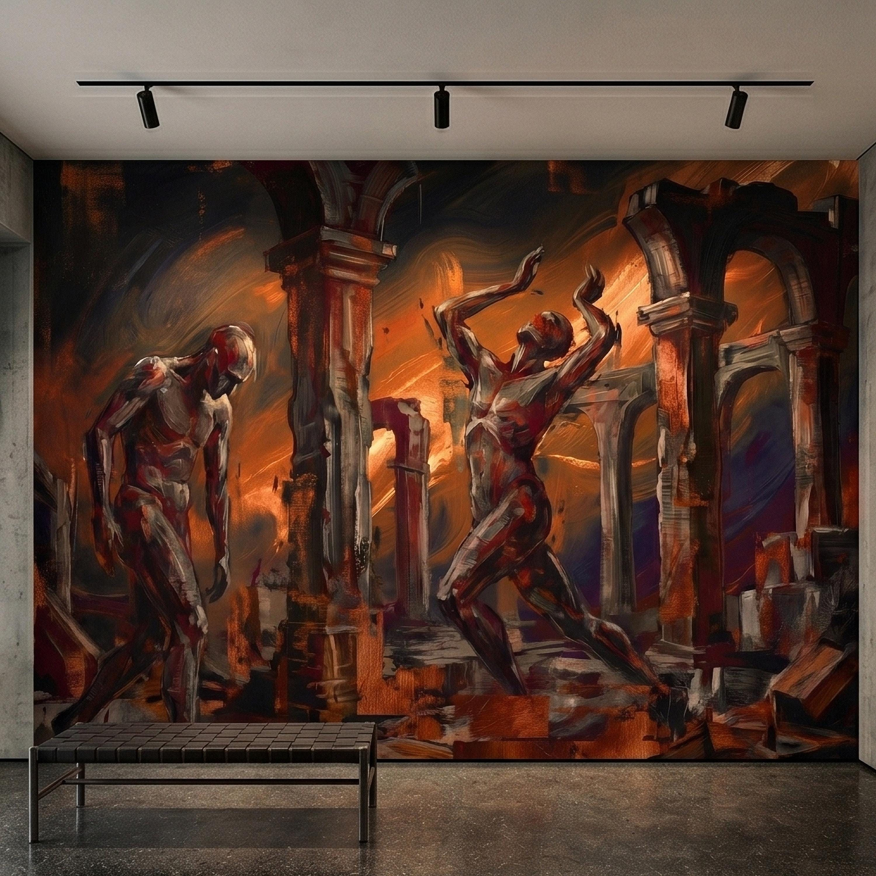 Abstract Figure Archways Peel and Stick Wall Mural, Modern Expressionist Painting in Copper and Charcoal Dramatic Contemporary Art Wallpaper