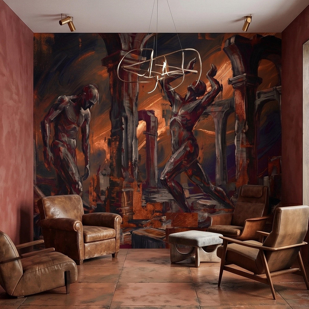 Abstract Figure Archways Peel and Stick Wall Mural, Modern Expressionist Painting in Copper and Charcoal Dramatic Contemporary Art Wallpaper