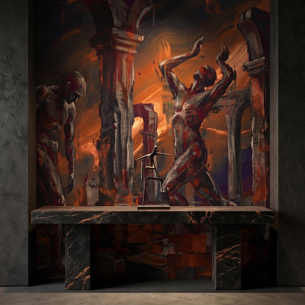 Abstract Figure Archways Peel and Stick Wall Mural, Modern Expressionist Painting in Copper and Charcoal Dramatic Contemporary Art Wallpaper