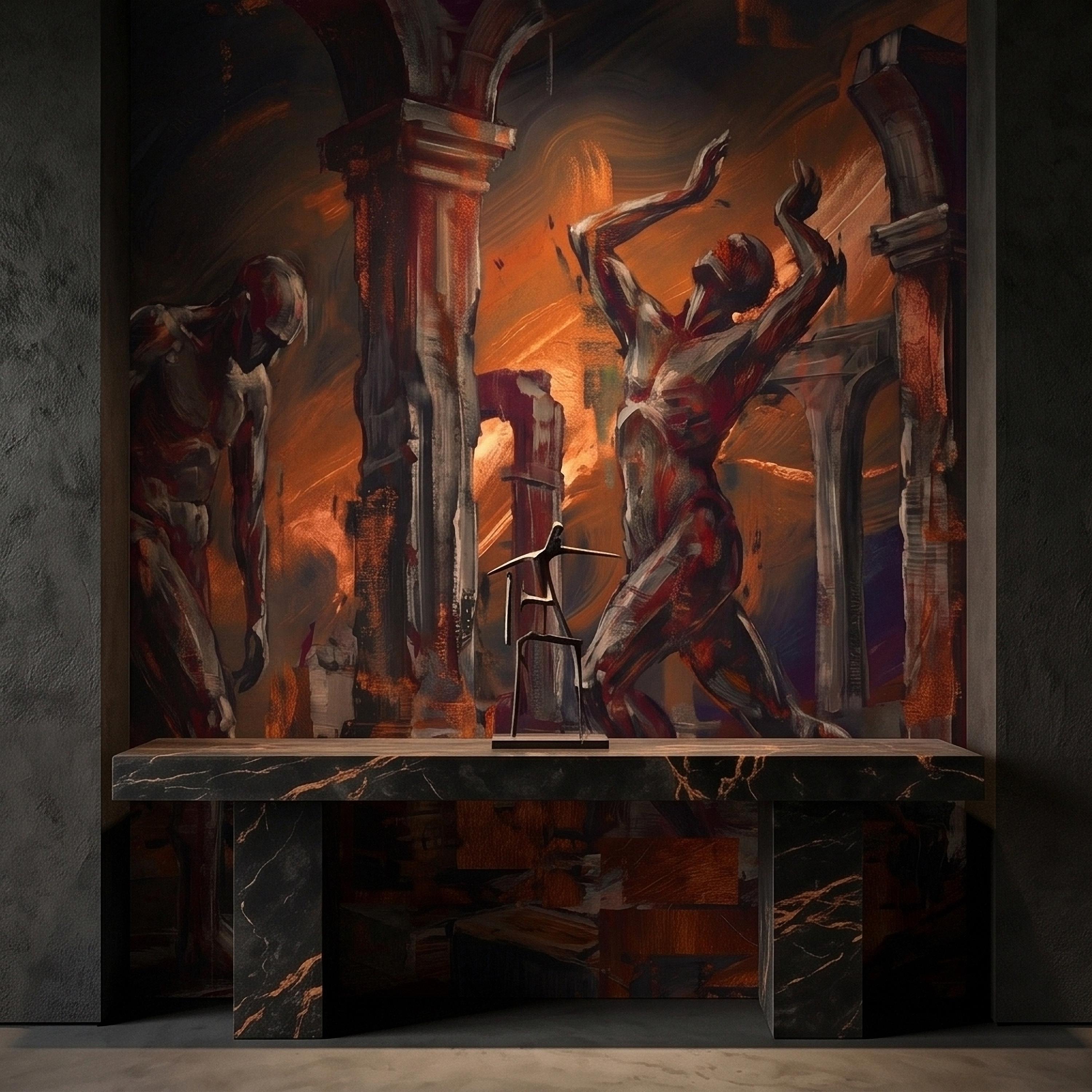 Abstract Figure Archways Peel and Stick Wall Mural, Modern Expressionist Painting in Copper and Charcoal Dramatic Contemporary Art Wallpaper
