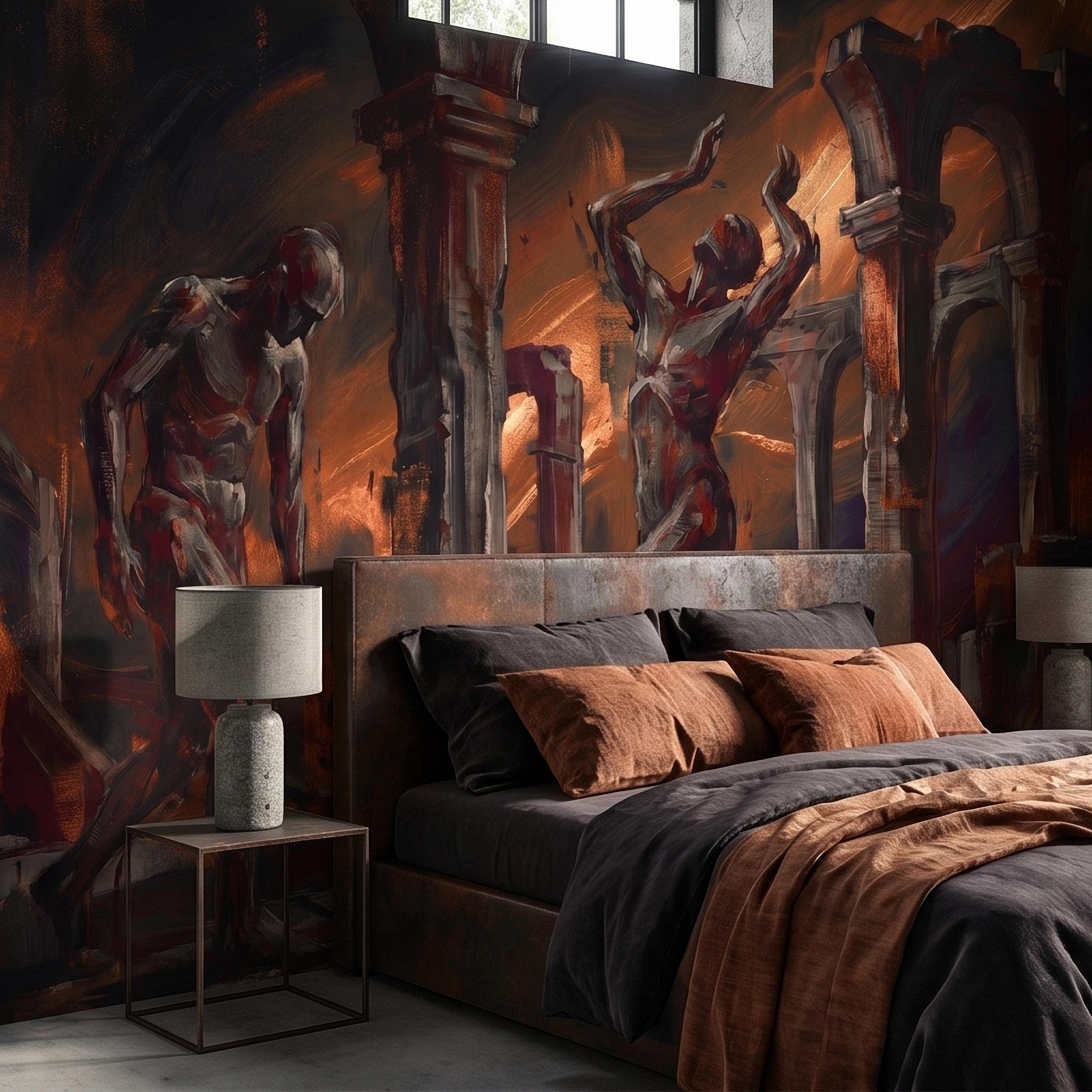 Abstract Figure Archways Peel and Stick Wall Mural, Modern Expressionist Painting in Copper and Charcoal Dramatic Contemporary Art Wallpaper