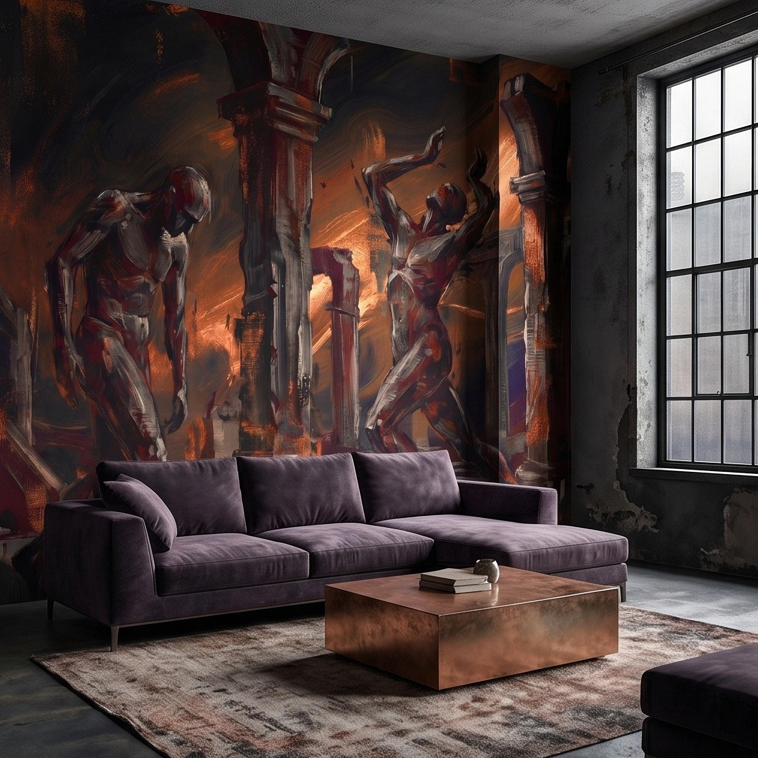 Abstract Figure Archways Peel and Stick Wall Mural, Modern Expressionist Painting in Copper and Charcoal Dramatic Contemporary Art Wallpaper
