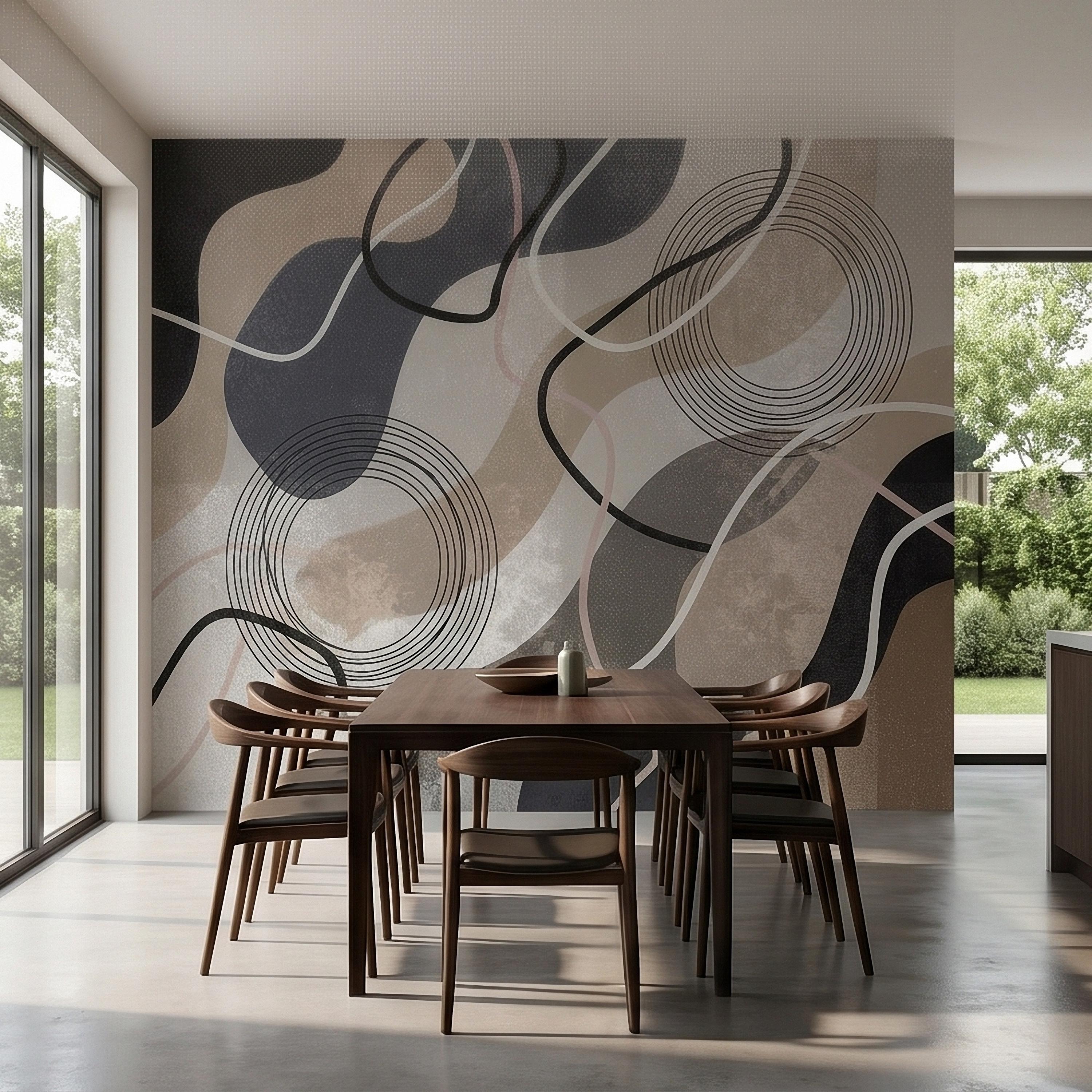 Neutral Abstract Geometric Peel and Stick Wall Mural Beige Gray Black Organic Shapes Circles and Lines Modern Minimal Textured Wallpaper