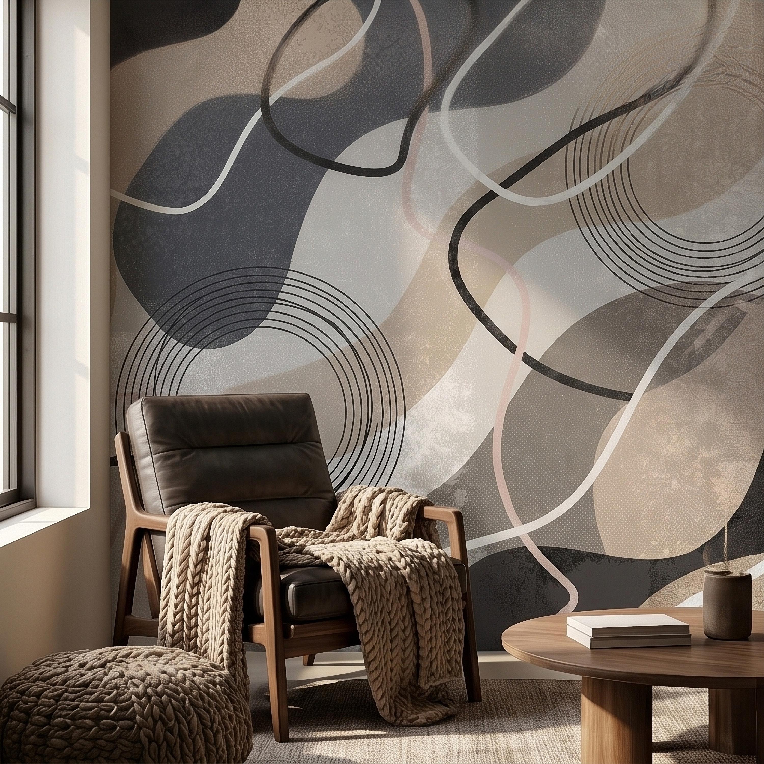 Neutral Abstract Geometric Peel and Stick Wall Mural Beige Gray Black Organic Shapes Circles and Lines Modern Minimal Textured Wallpaper
