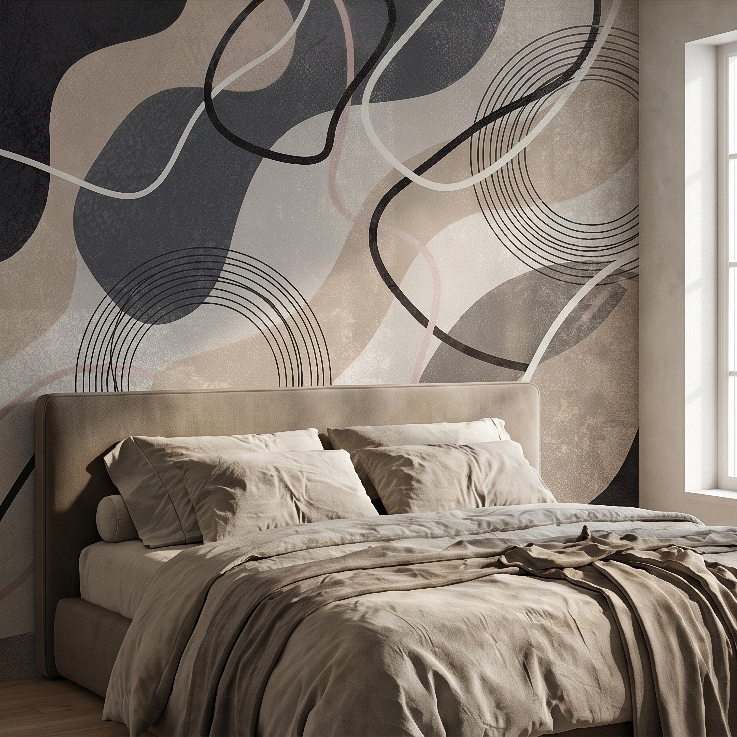 Neutral Abstract Geometric Peel and Stick Wall Mural Beige Gray Black Organic Shapes Circles and Lines Modern Minimal Textured Wallpaper