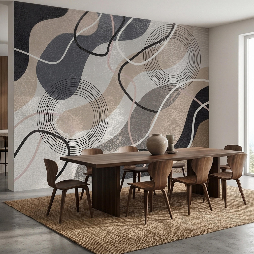 Neutral Abstract Geometric Peel and Stick Wall Mural Beige Gray Black Organic Shapes Circles and Lines Modern Minimal Textured Wallpaper