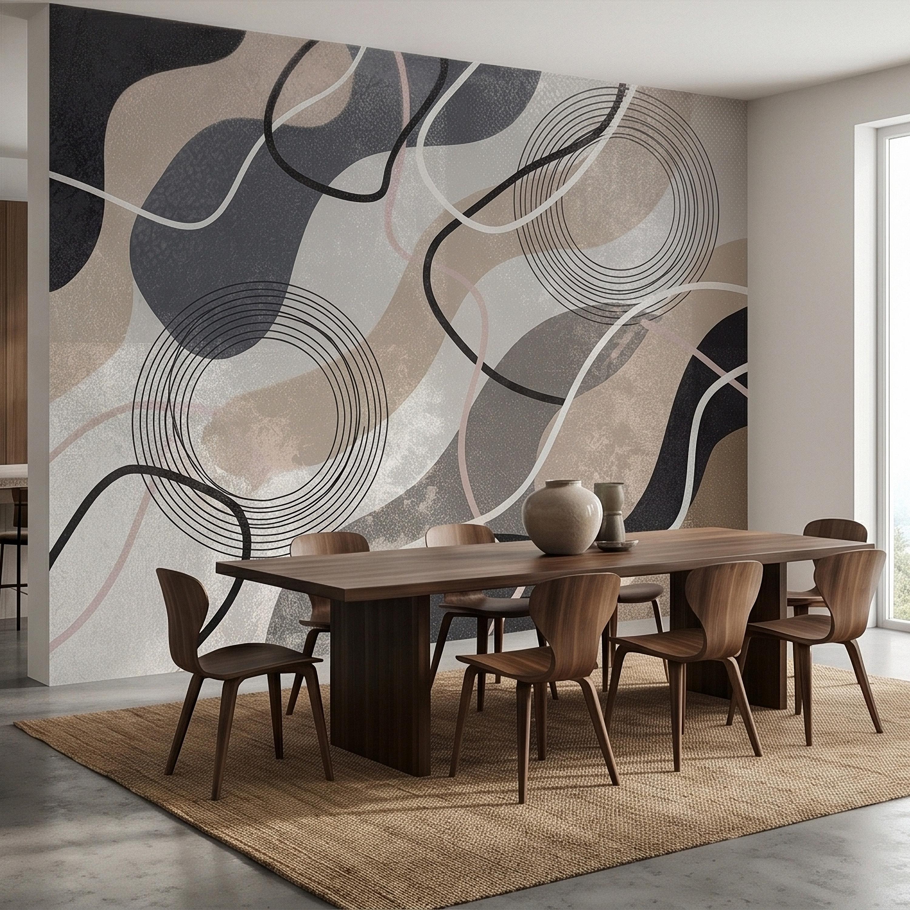 Neutral Abstract Geometric Peel and Stick Wall Mural Beige Gray Black Organic Shapes Circles and Lines Modern Minimal Textured Wallpaper