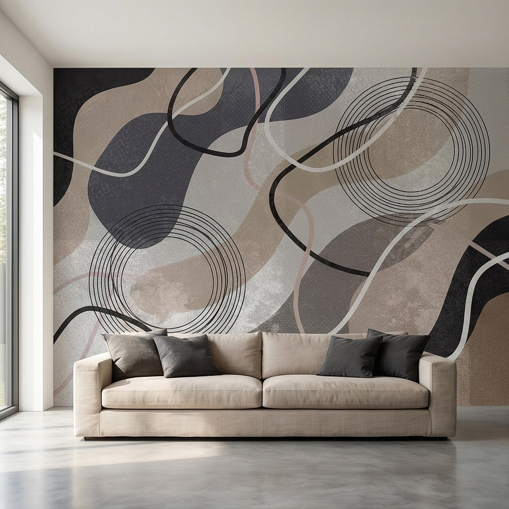 Neutral Abstract Geometric Peel and Stick Wall Mural Beige Gray Black Organic Shapes Circles and Lines Modern Minimal Textured Wallpaper