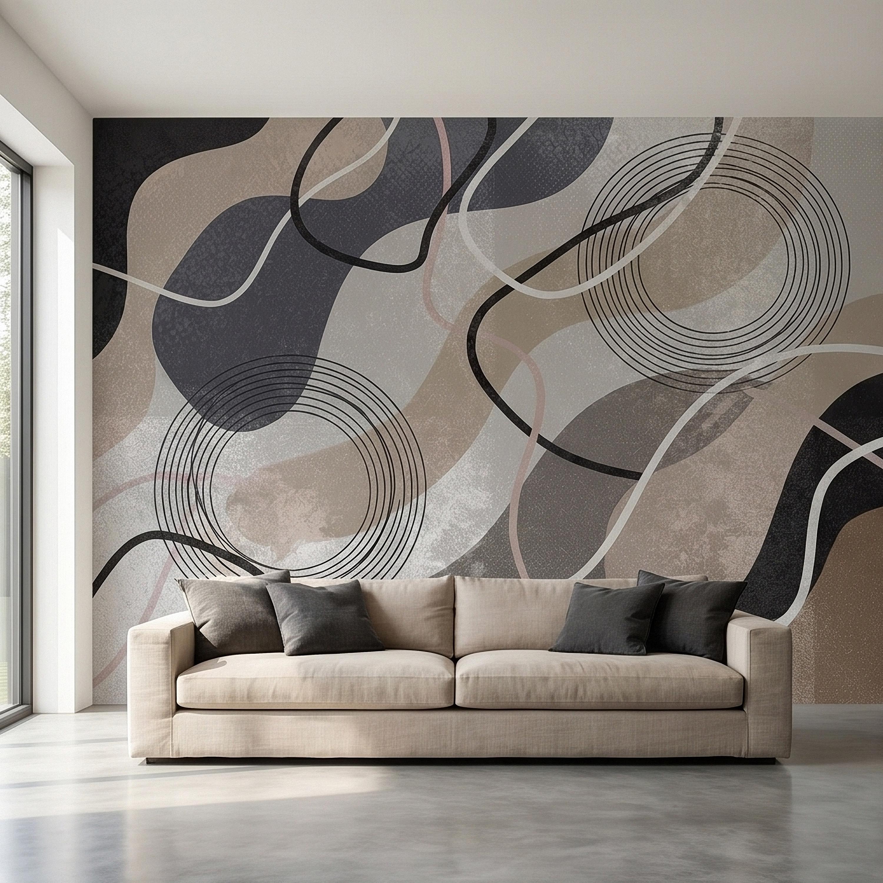 Neutral Abstract Geometric Peel and Stick Wall Mural Beige Gray Black Organic Shapes Circles and Lines Modern Minimal Textured Wallpaper