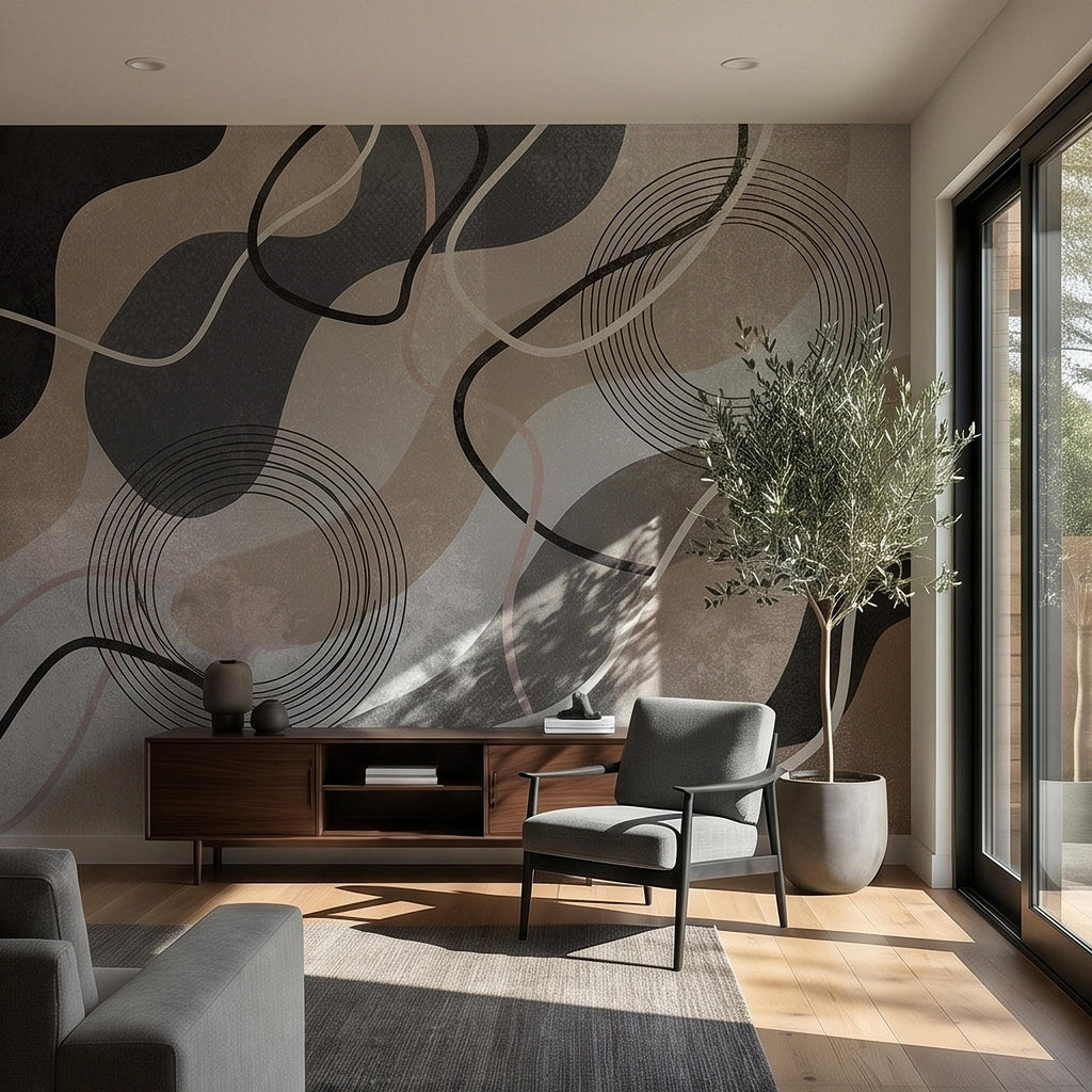 Neutral Abstract Geometric Peel and Stick Wall Mural Beige Gray Black Organic Shapes Circles and Lines Modern Minimal Textured Wallpaper
