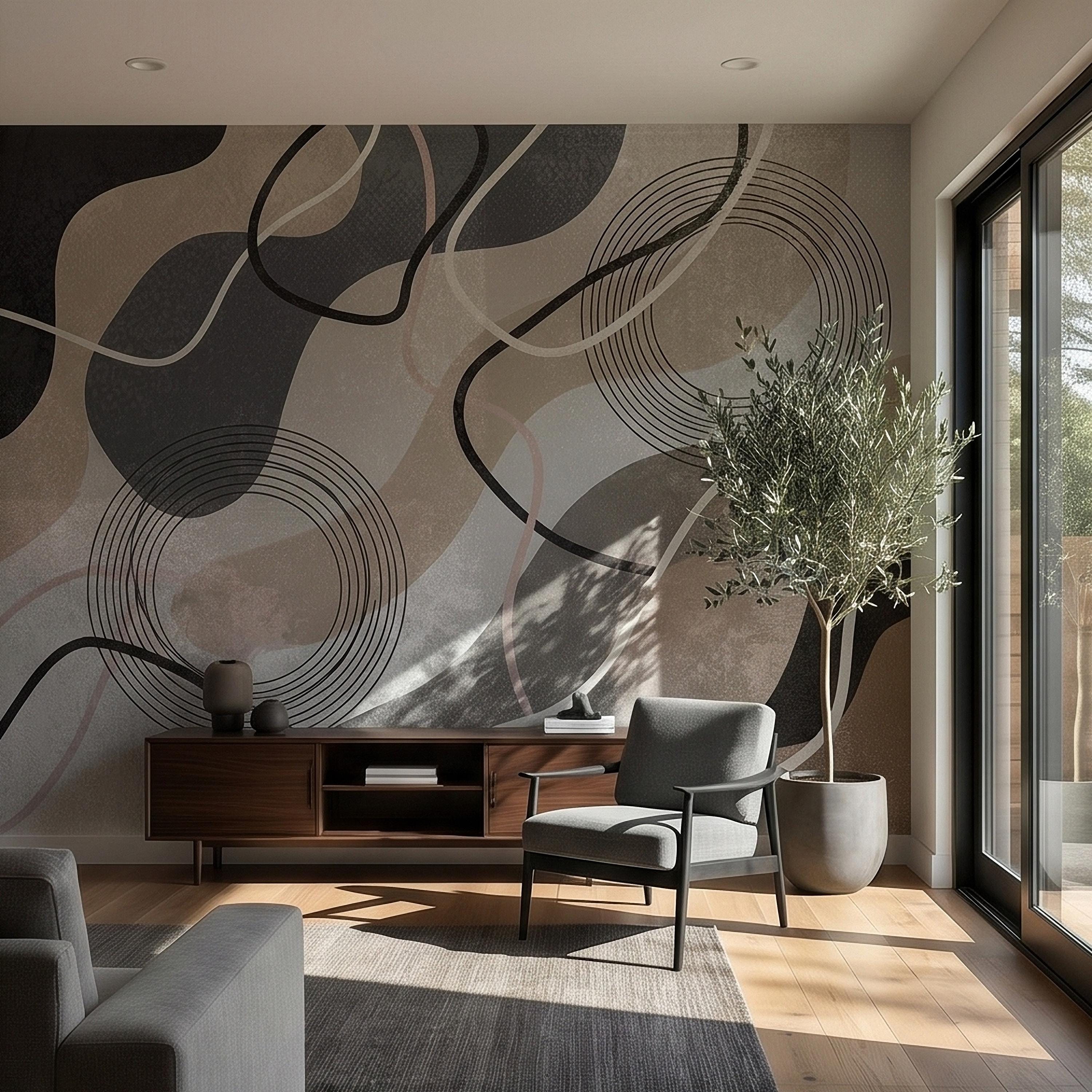 Neutral Abstract Geometric Peel and Stick Wall Mural Beige Gray Black Organic Shapes Circles and Lines Modern Minimal Textured Wallpaper