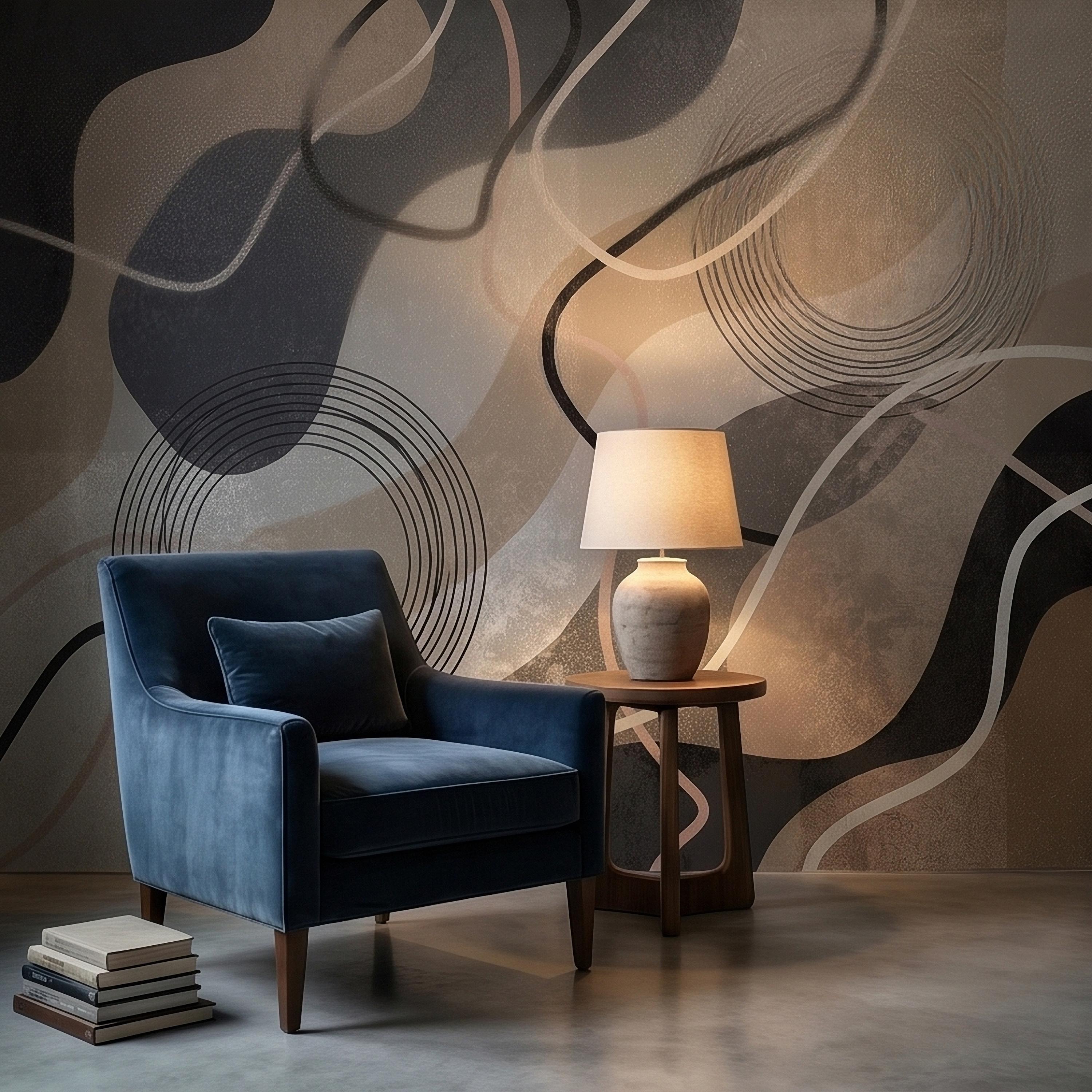 Neutral Abstract Geometric Peel and Stick Wall Mural Beige Gray Black Organic Shapes Circles and Lines Modern Minimal Textured Wallpaper