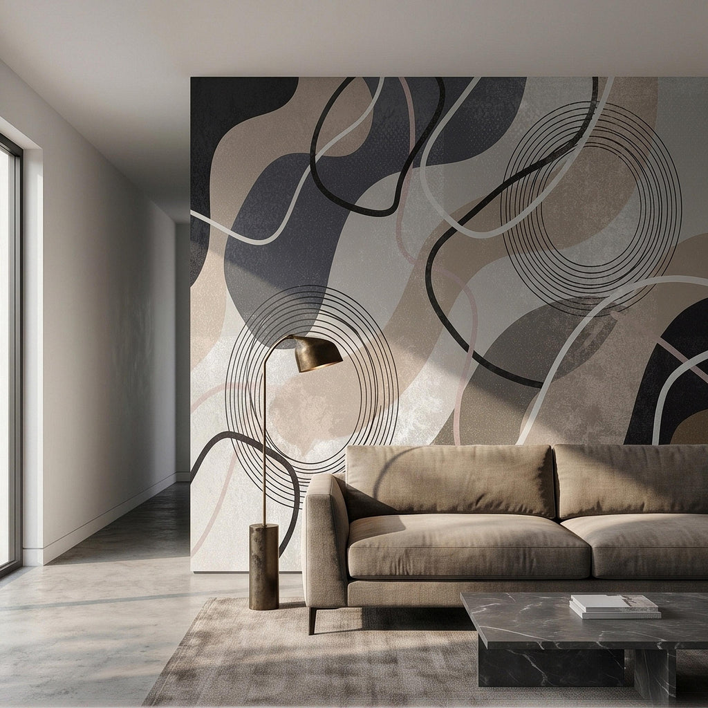 Neutral Abstract Geometric Peel and Stick Wall Mural Beige Gray Black Organic Shapes Circles and Lines Modern Minimal Textured Wallpaper