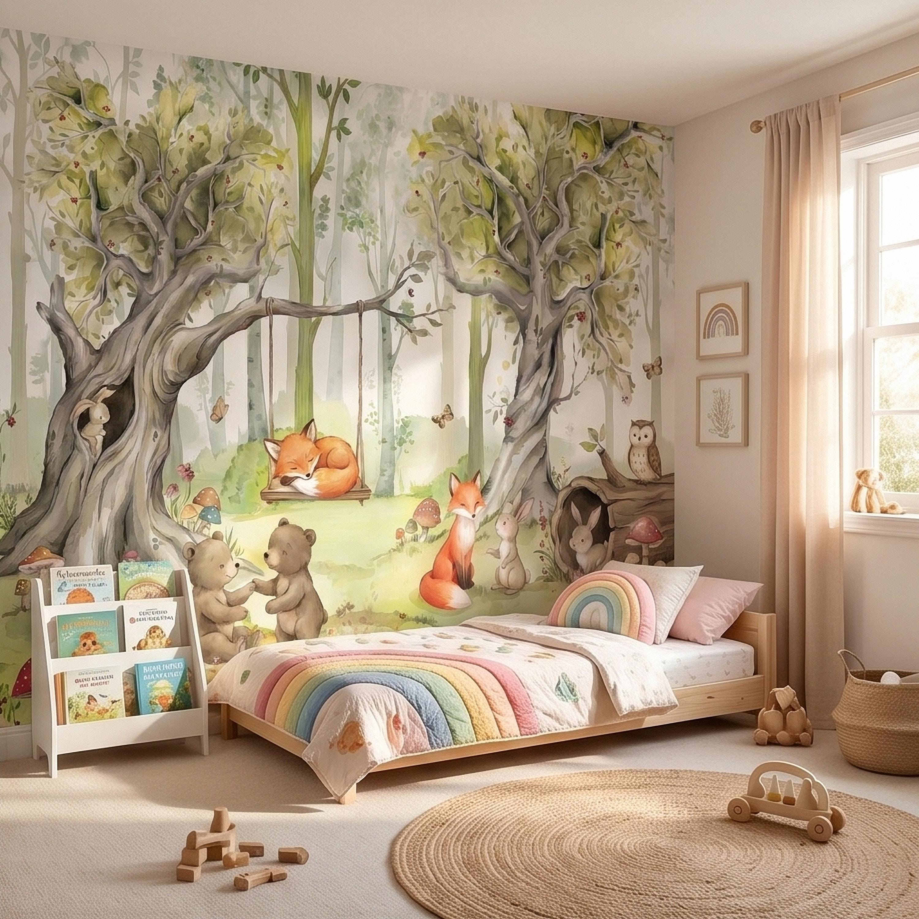 Woodland Animals Peel and Stick Wall Mural, Watercolor Cute Fox Bear Rabbit Owl, Whimsical Storybook Meadow Mushrooms Kids Nursery Wallpaper