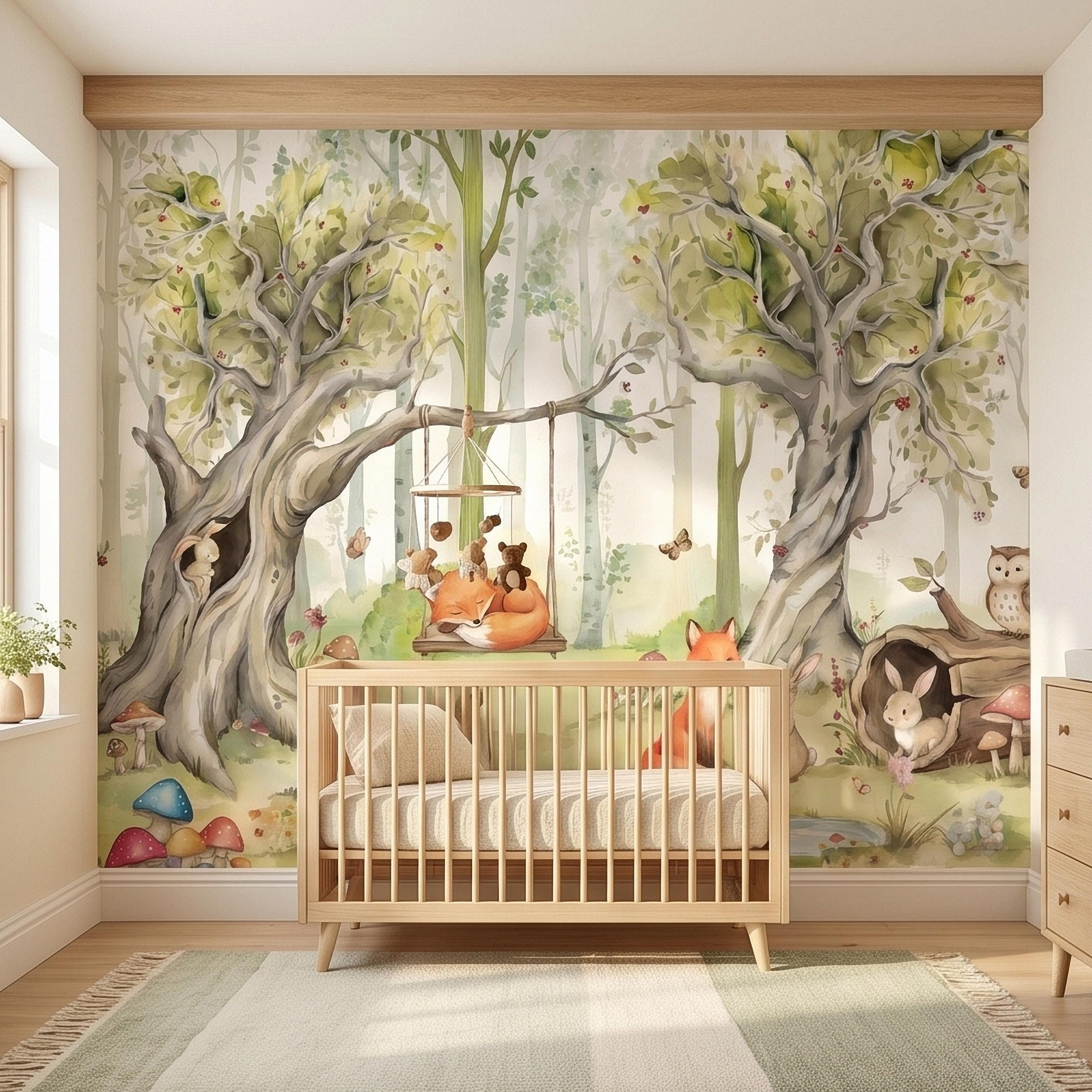 Woodland Animals Peel and Stick Wall Mural, Watercolor Cute Fox Bear Rabbit Owl, Whimsical Storybook Meadow Mushrooms Kids Nursery Wallpaper
