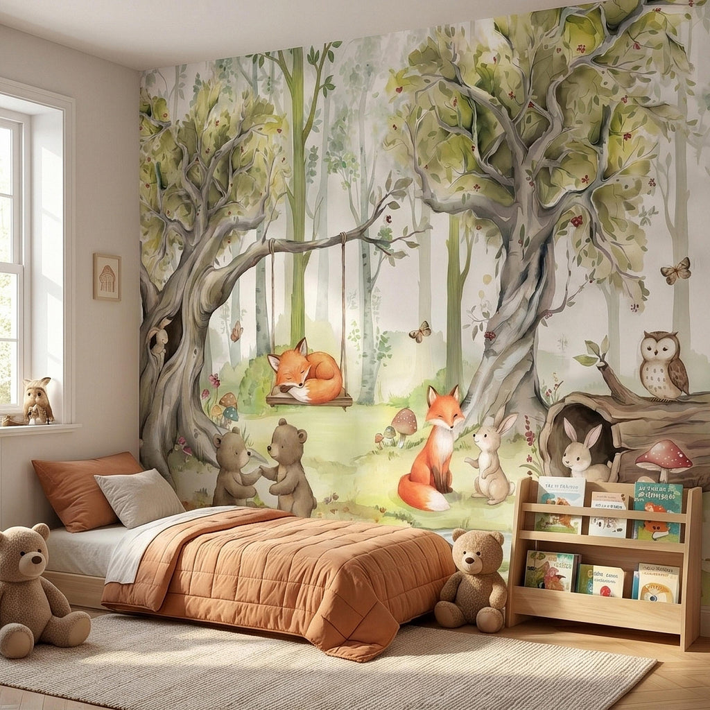 Woodland Animals Peel and Stick Wall Mural, Watercolor Cute Fox Bear Rabbit Owl, Whimsical Storybook Meadow Mushrooms Kids Nursery Wallpaper
