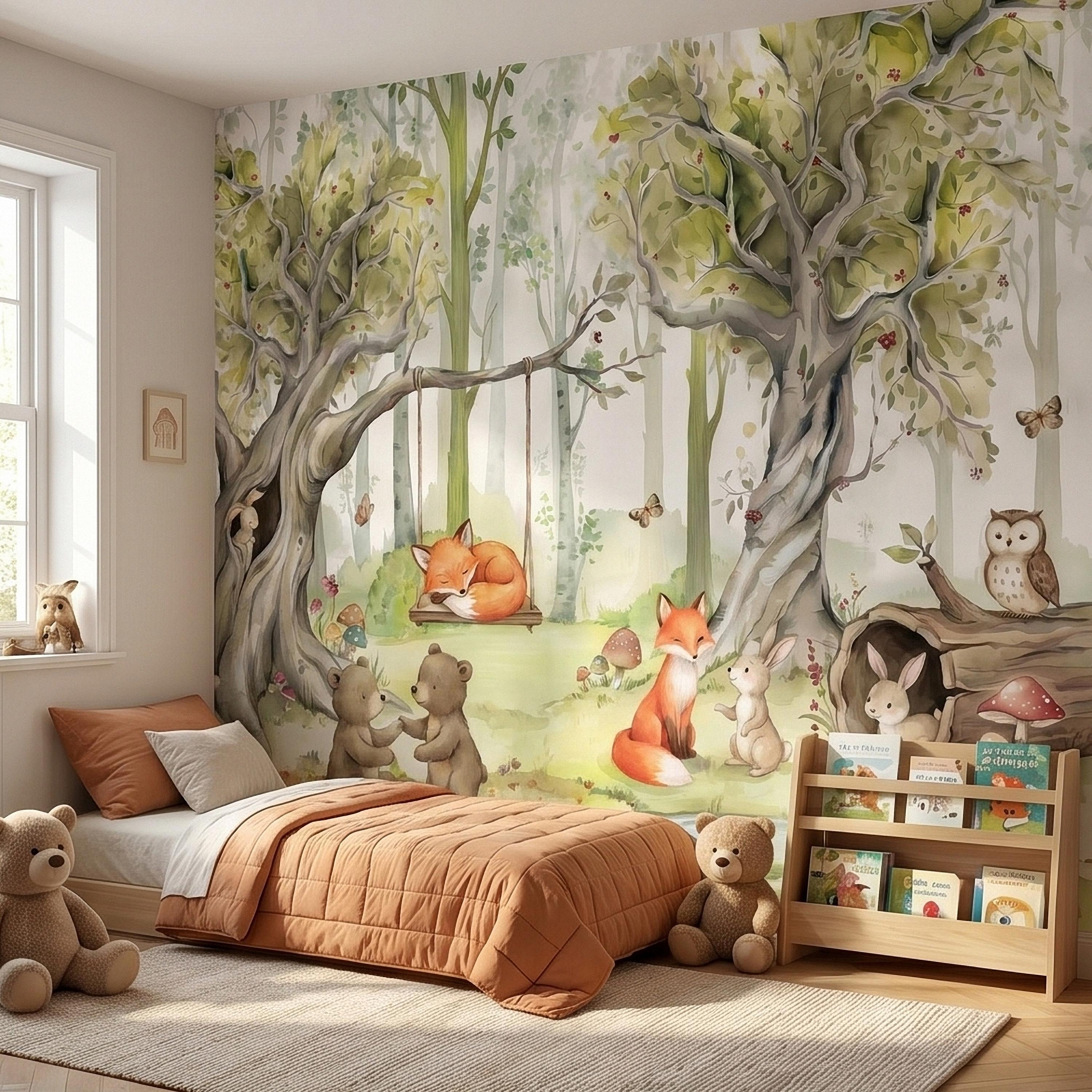 Woodland Animals Peel and Stick Wall Mural, Watercolor Cute Fox Bear Rabbit Owl, Whimsical Storybook Meadow Mushrooms Kids Nursery Wallpaper