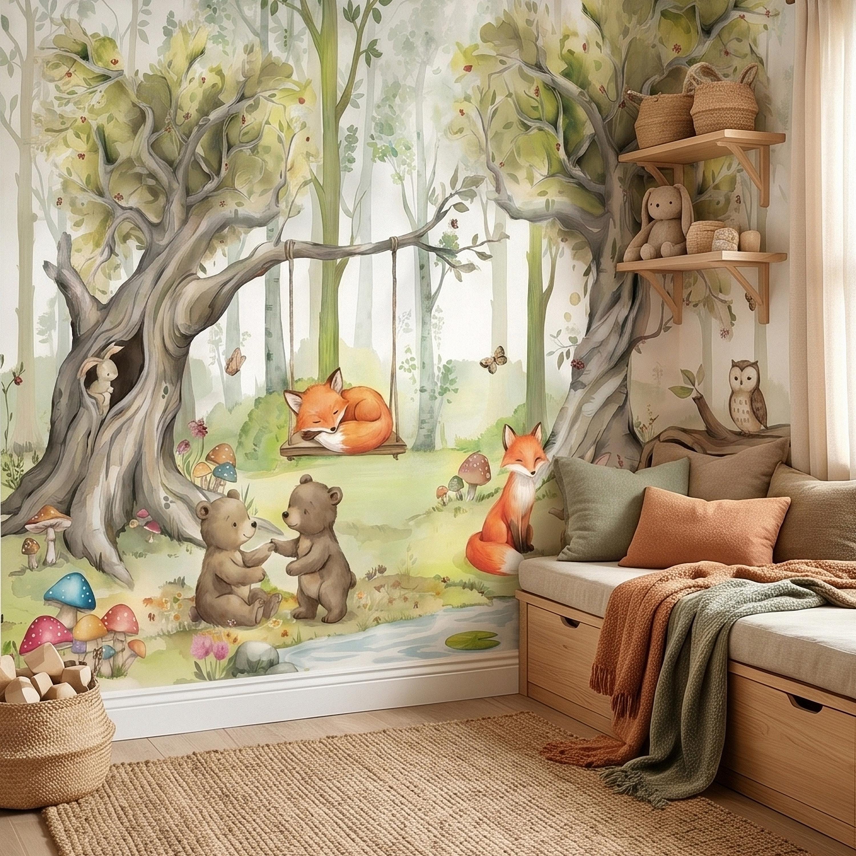 Woodland Animals Peel and Stick Wall Mural, Watercolor Cute Fox Bear Rabbit Owl, Whimsical Storybook Meadow Mushrooms Kids Nursery Wallpaper