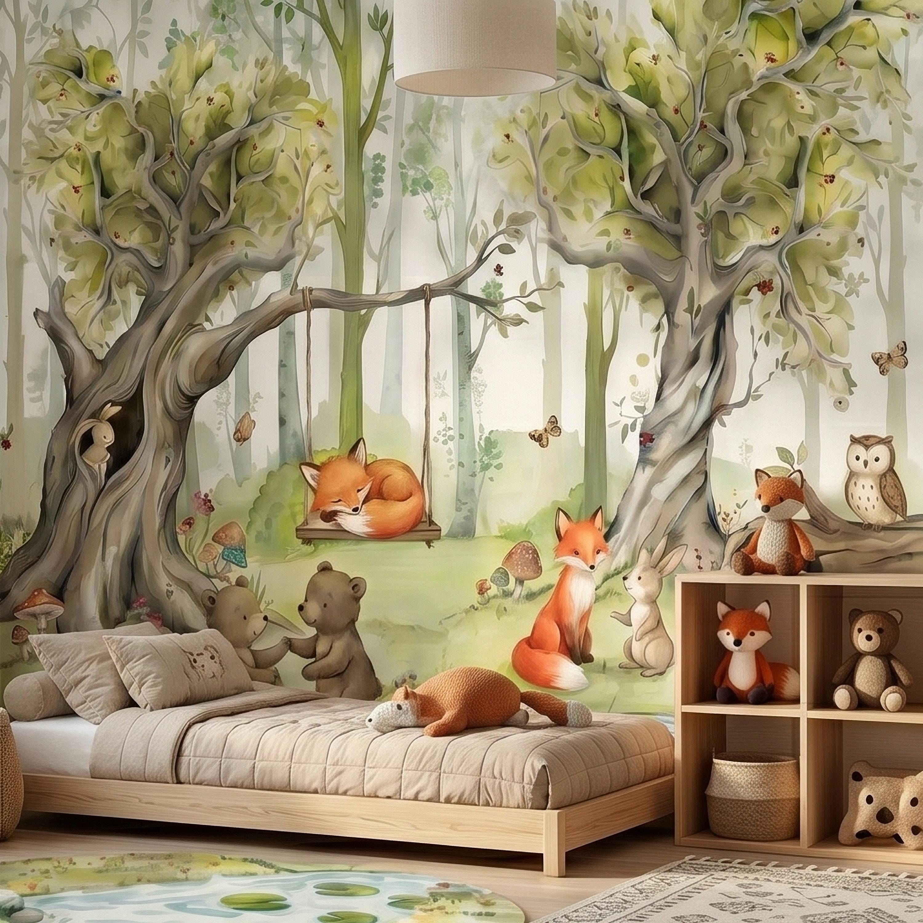 Woodland Animals Peel and Stick Wall Mural, Watercolor Cute Fox Bear Rabbit Owl, Whimsical Storybook Meadow Mushrooms Kids Nursery Wallpaper