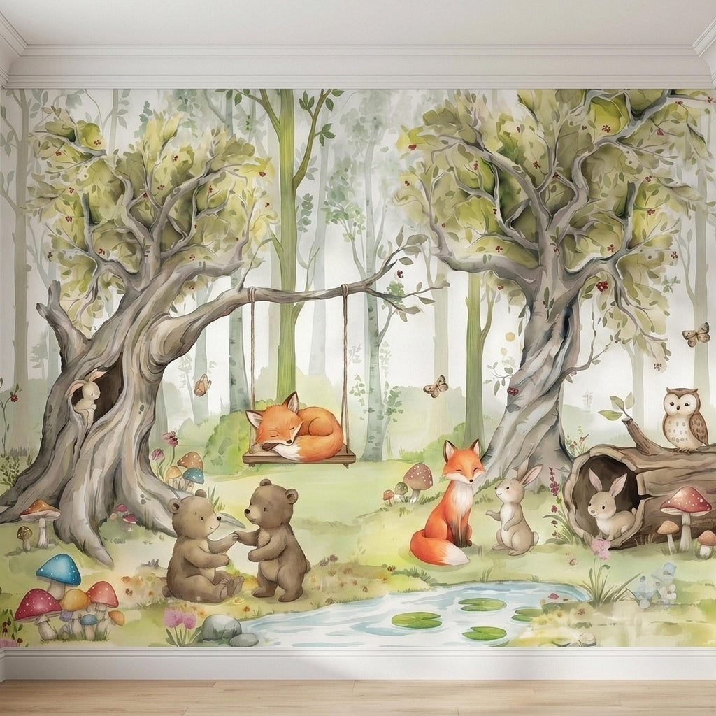 Woodland Animals Peel and Stick Wall Mural, Watercolor Cute Fox Bear Rabbit Owl, Whimsical Storybook Meadow Mushrooms Kids Nursery Wallpaper