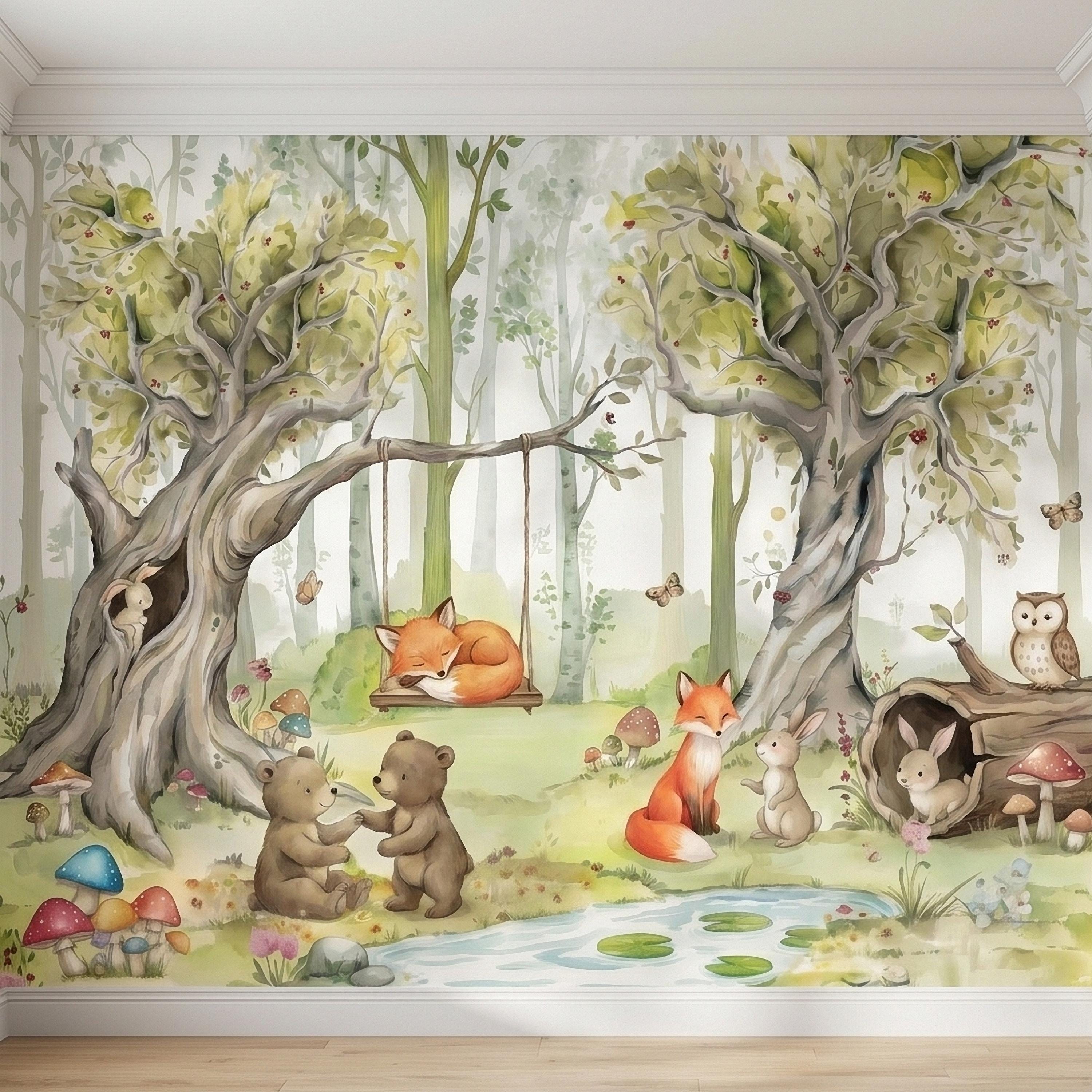 Woodland Animals Peel and Stick Wall Mural, Watercolor Cute Fox Bear Rabbit Owl, Whimsical Storybook Meadow Mushrooms Kids Nursery Wallpaper