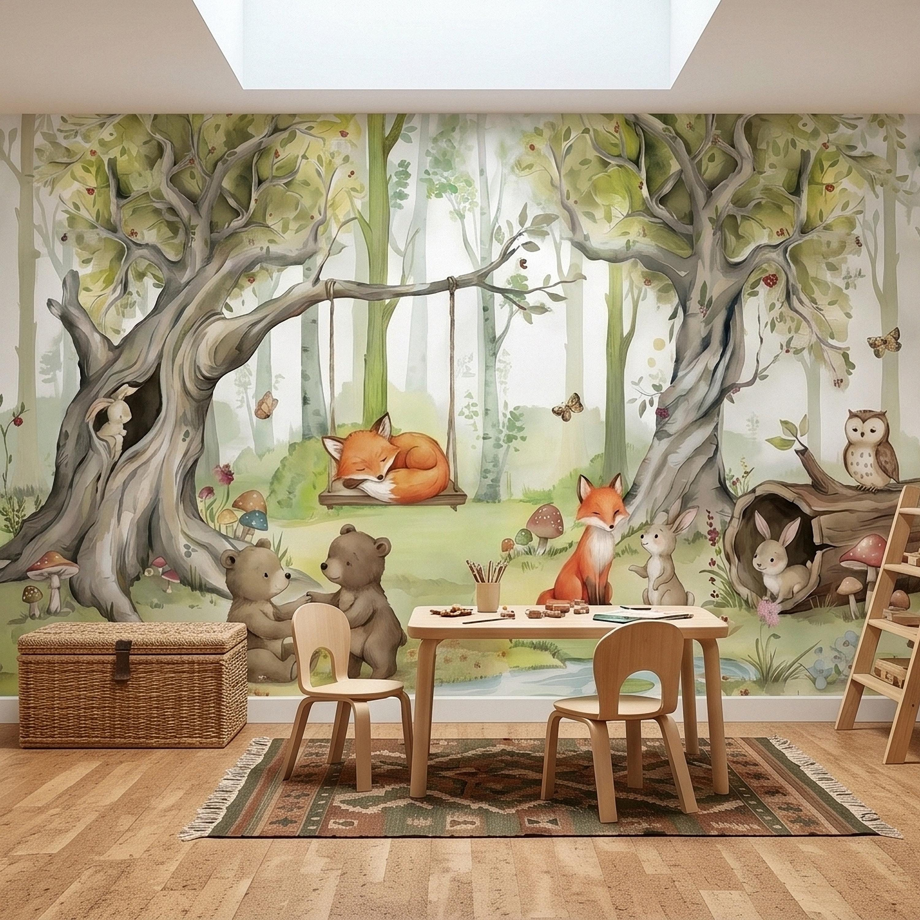 Woodland Animals Peel and Stick Wall Mural, Watercolor Cute Fox Bear Rabbit Owl, Whimsical Storybook Meadow Mushrooms Kids Nursery Wallpaper