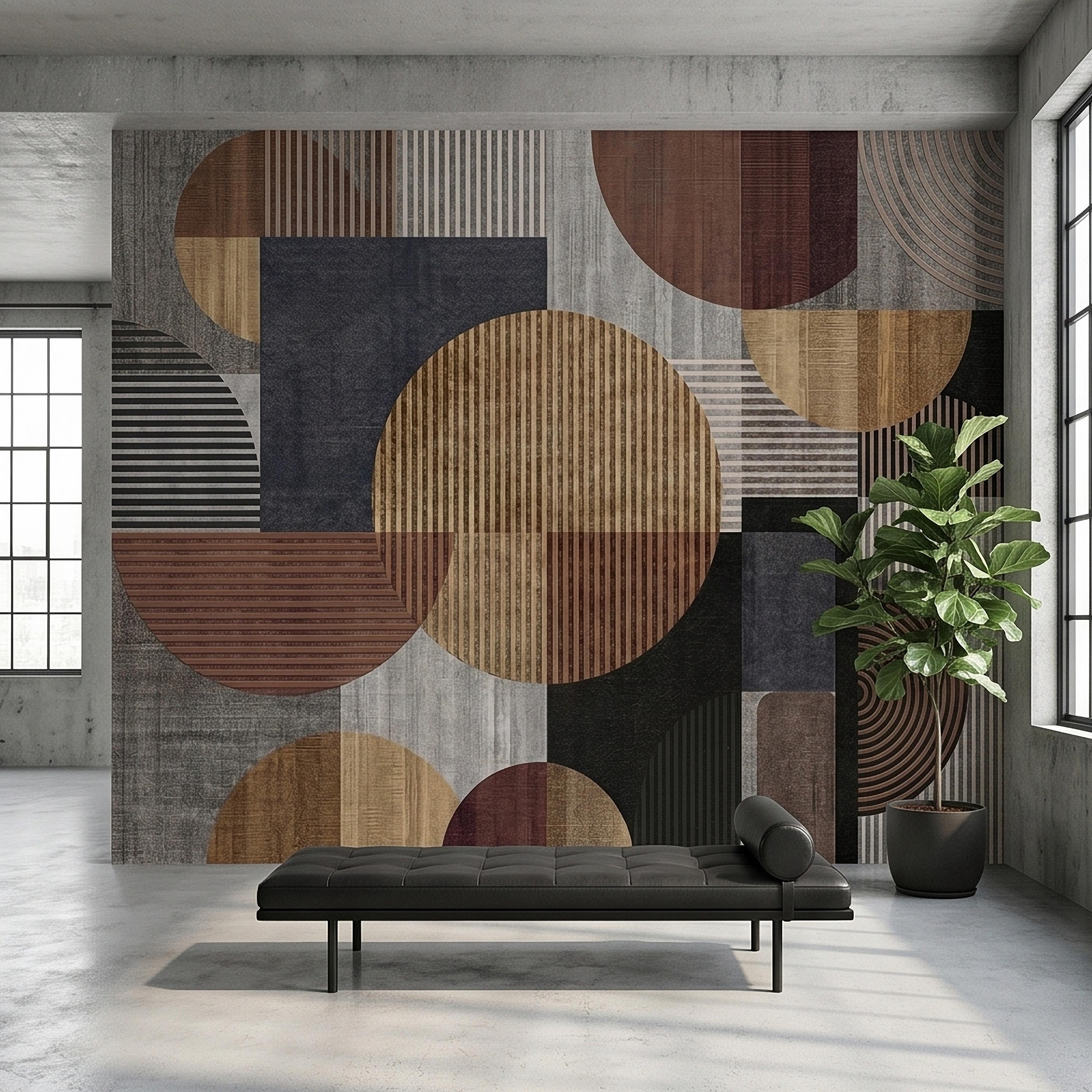 Neutral Geometric Circles Peel and Stick Wall Mural Mid Century Modern Abstract Stripes and Shapes Textured Retro Pattern Minimal Wallpaper