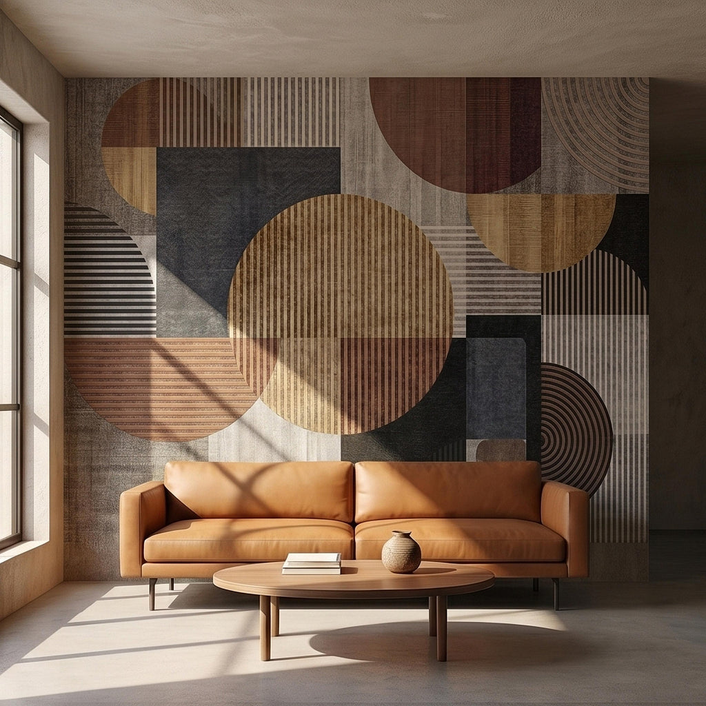 Neutral Geometric Circles Peel and Stick Wall Mural Mid Century Modern Abstract Stripes and Shapes Textured Retro Pattern Minimal Wallpaper