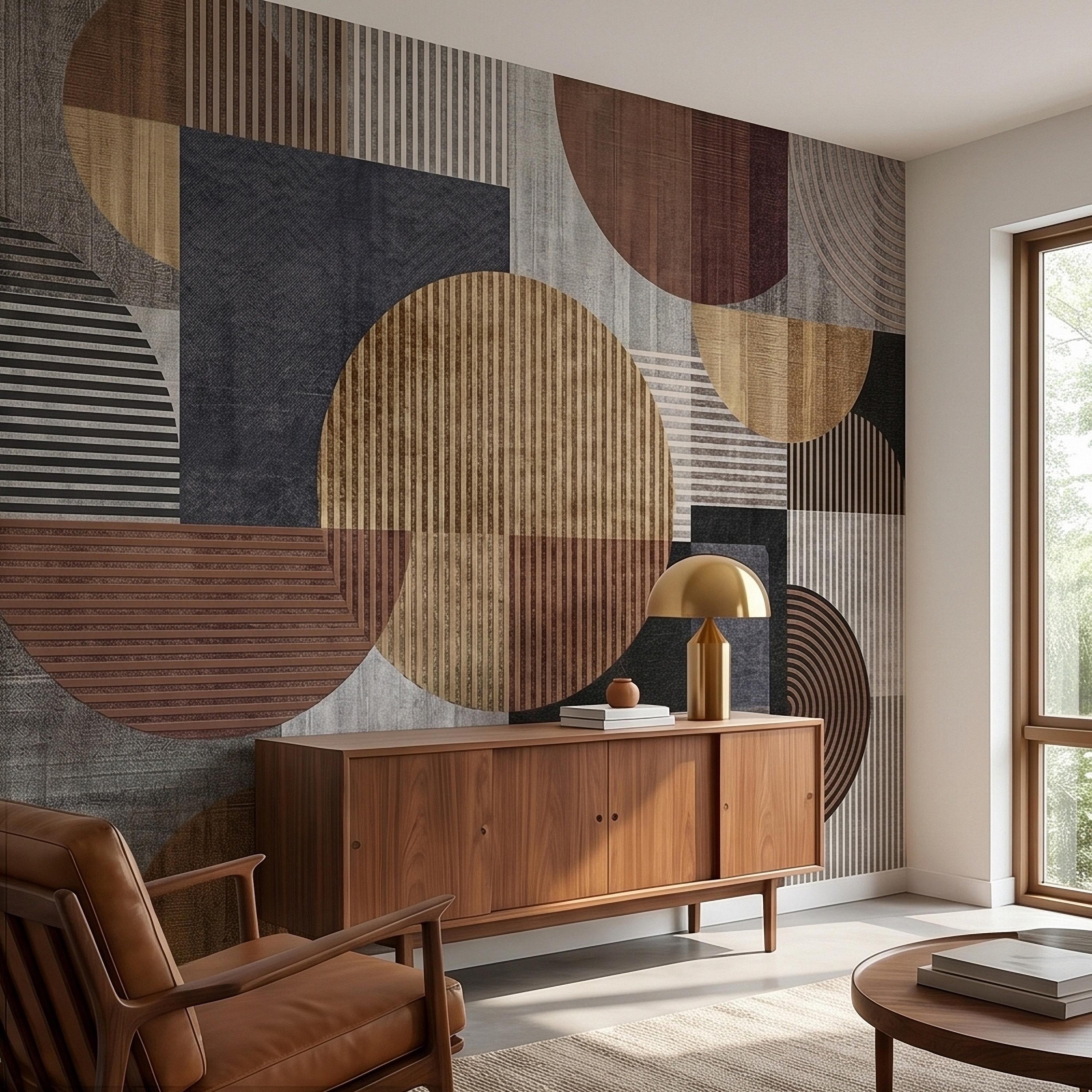 Neutral Geometric Circles Peel and Stick Wall Mural Mid Century Modern Abstract Stripes and Shapes Textured Retro Pattern Minimal Wallpaper