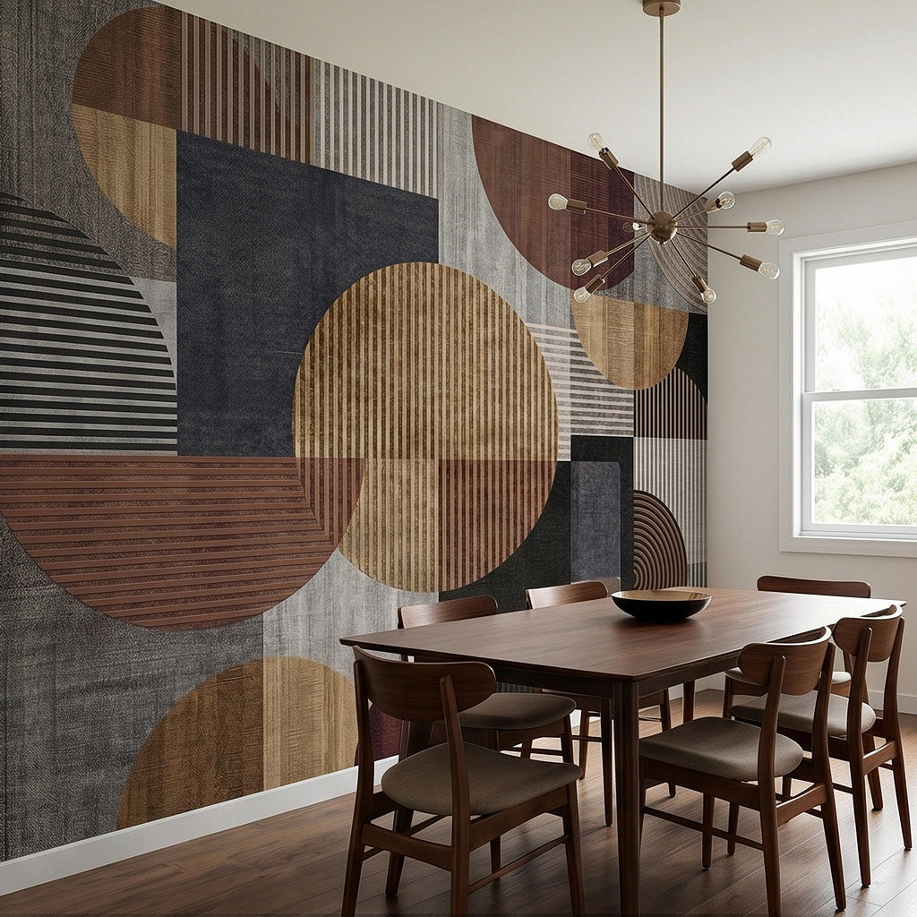Neutral Geometric Circles Peel and Stick Wall Mural Mid Century Modern Abstract Stripes and Shapes Textured Retro Pattern Minimal Wallpaper