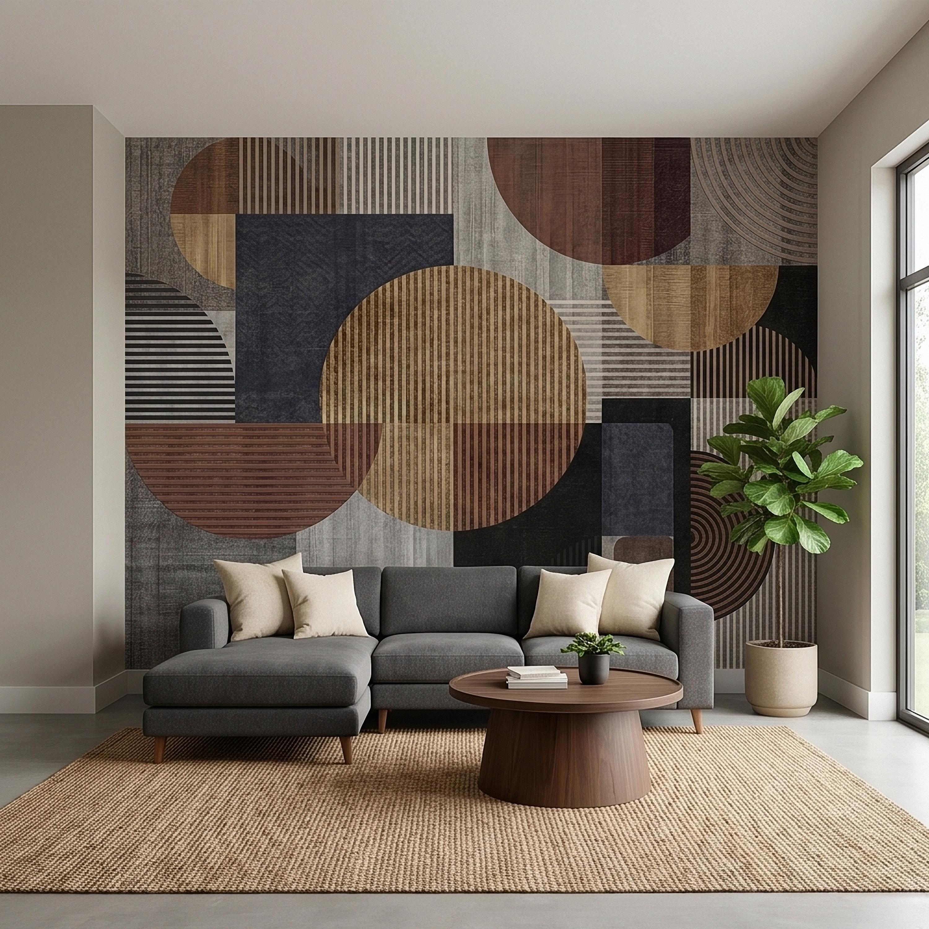 Neutral Geometric Circles Peel and Stick Wall Mural Mid Century Modern Abstract Stripes and Shapes Textured Retro Pattern Minimal Wallpaper