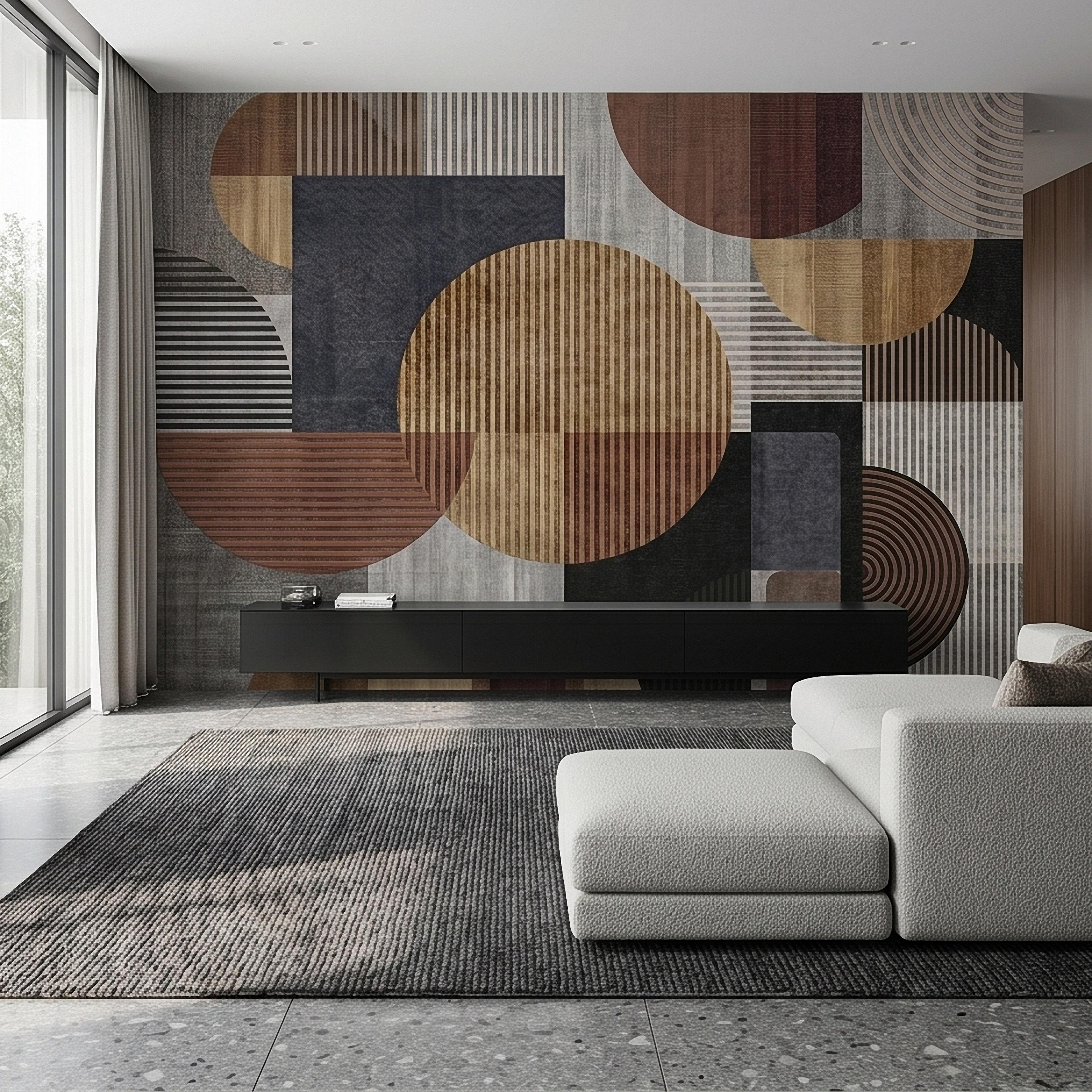 Neutral Geometric Circles Peel and Stick Wall Mural Mid Century Modern Abstract Stripes and Shapes Textured Retro Pattern Minimal Wallpaper
