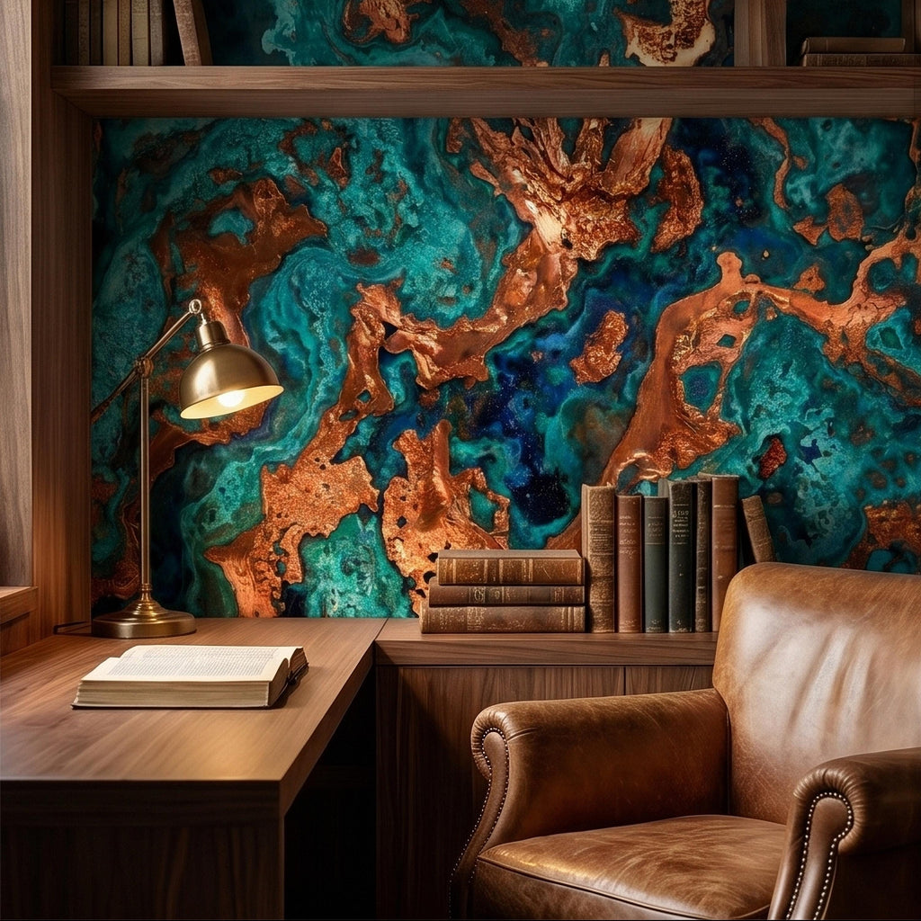 Turquoise and Copper Abstract Marble Peel and Stick Wall Mural, Teal Ocean Ink Swirl Geode Stone Texture, Modern Luxury Fluid Art Wallpaper
