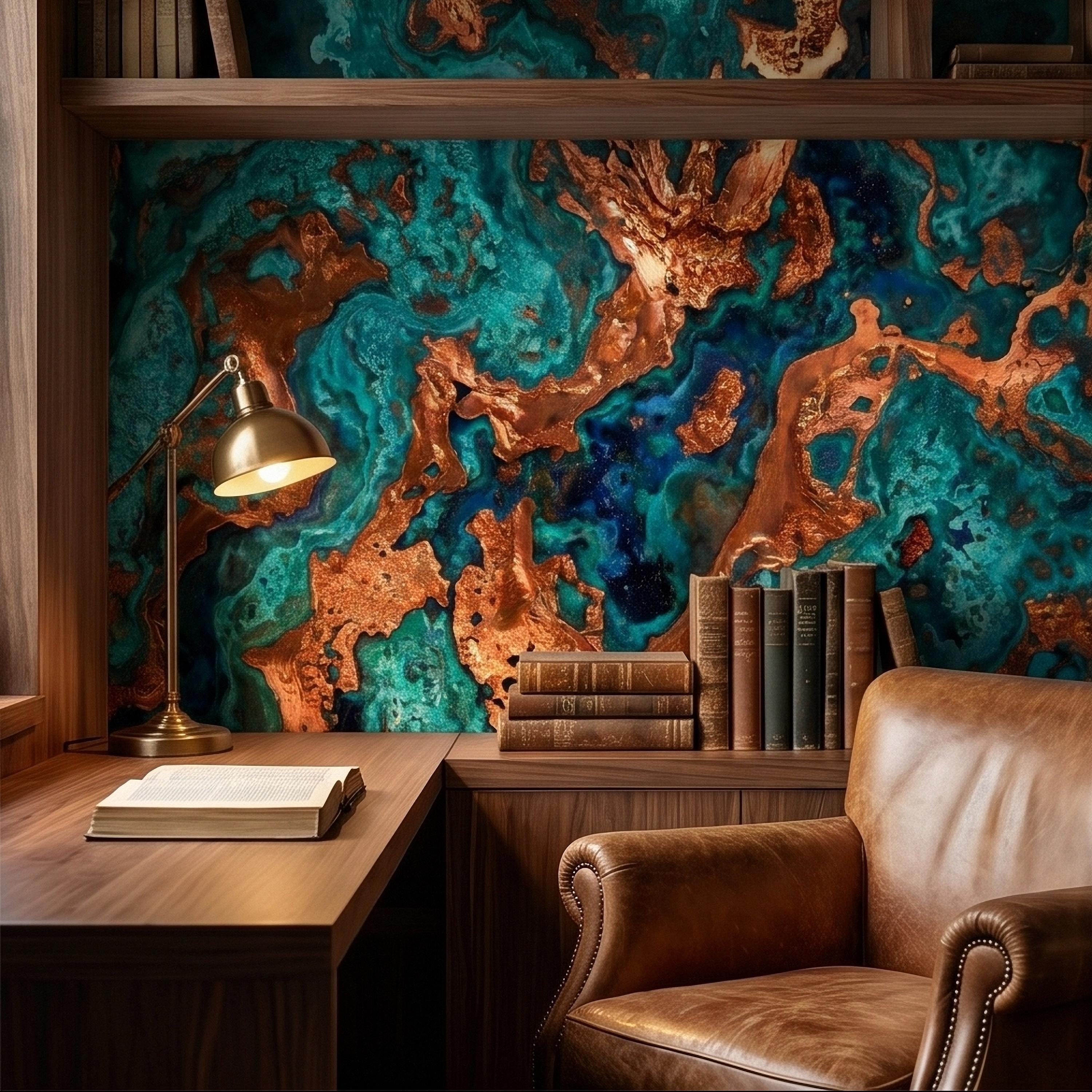 Turquoise and Copper Abstract Marble Peel and Stick Wall Mural, Teal Ocean Ink Swirl Geode Stone Texture, Modern Luxury Fluid Art Wallpaper