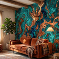Turquoise and Copper Abstract Marble Peel and Stick Wall Mural, Teal Ocean Ink Swirl Geode Stone Texture, Modern Luxury Fluid Art Wallpaper
