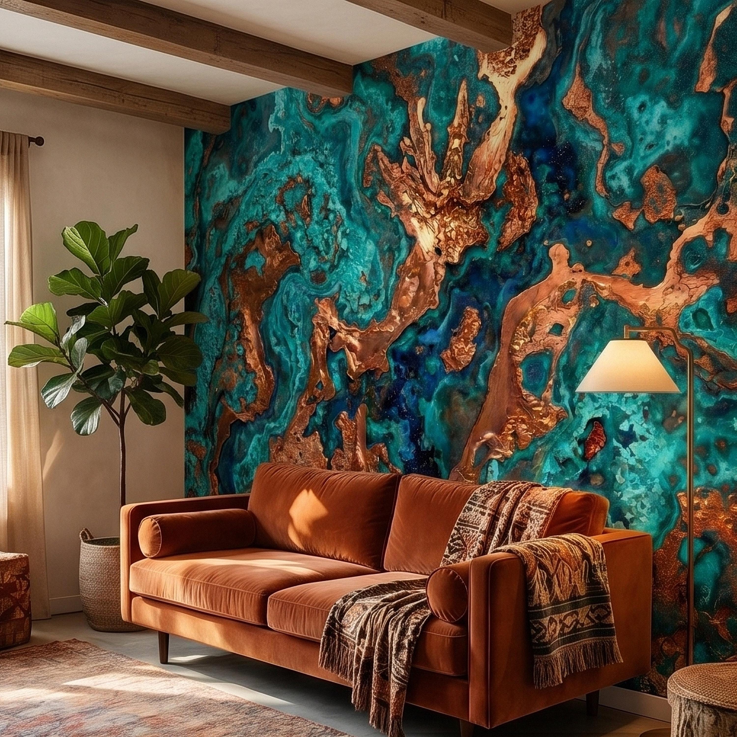 Turquoise and Copper Abstract Marble Peel and Stick Wall Mural, Teal Ocean Ink Swirl Geode Stone Texture, Modern Luxury Fluid Art Wallpaper