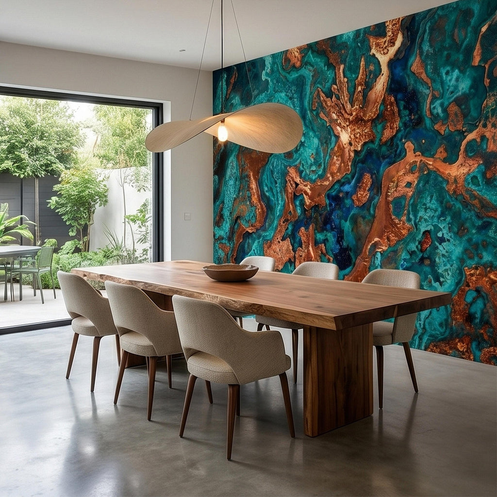 Turquoise and Copper Abstract Marble Peel and Stick Wall Mural, Teal Ocean Ink Swirl Geode Stone Texture, Modern Luxury Fluid Art Wallpaper