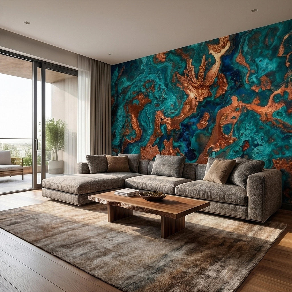 Turquoise and Copper Abstract Marble Peel and Stick Wall Mural, Teal Ocean Ink Swirl Geode Stone Texture, Modern Luxury Fluid Art Wallpaper